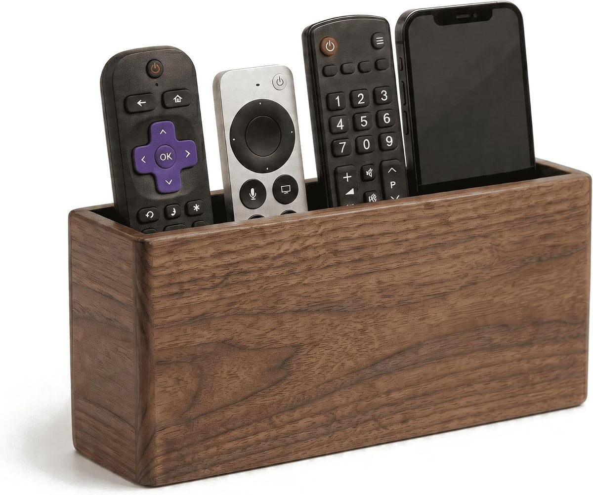 Remote Control Holder Wall Mount, Walnut Wood Remote Caddy, No-Drill, Brown