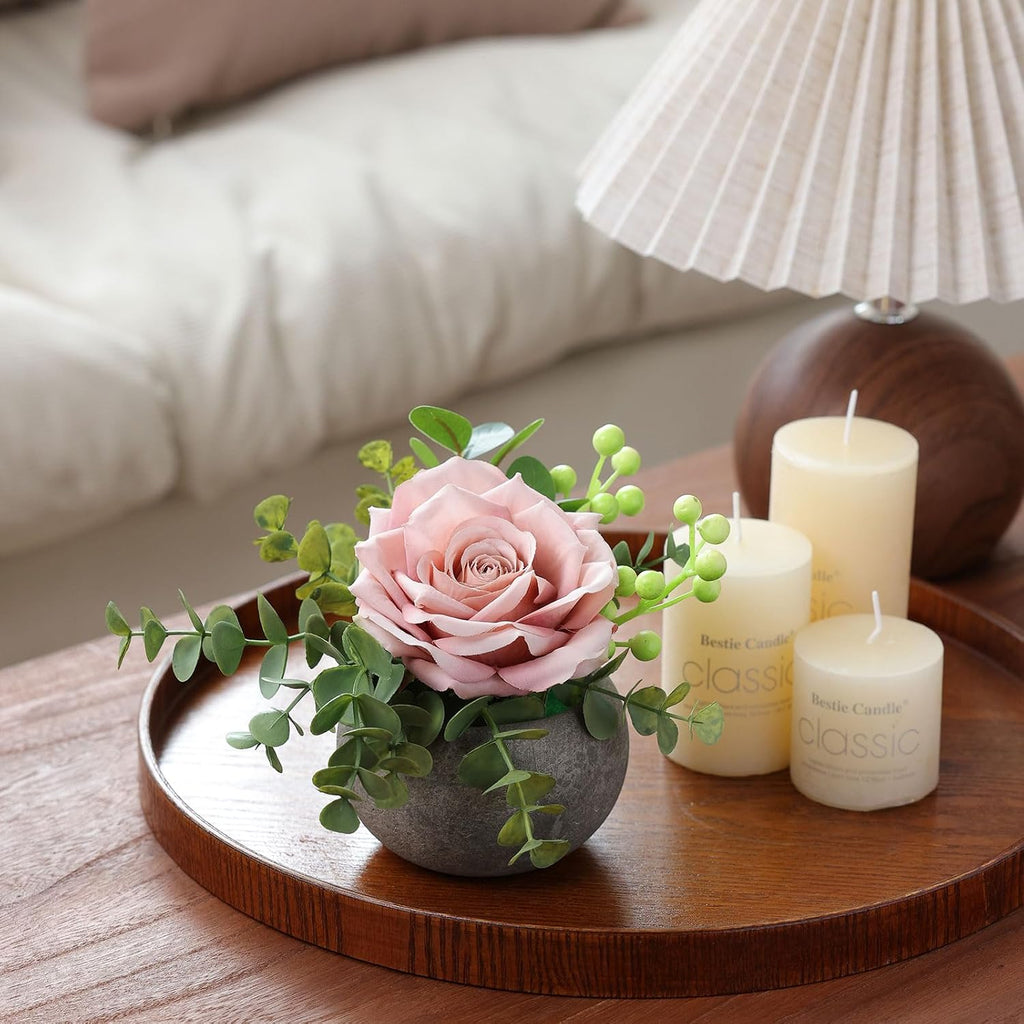 mizii DIY Small Artificial Flowers Potted Kit Fake Flower Realistic Silk Rose and Greenery with Vase for Gifts Table Centerpiece Mantle Office Desk Shelves Living Room Decorations (Light Pink)