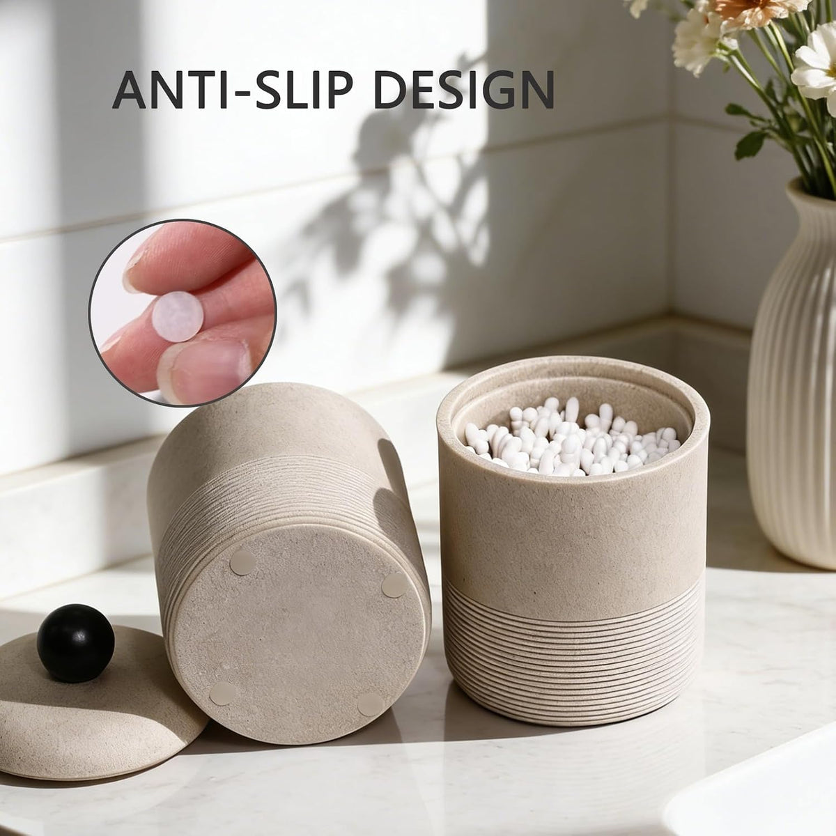 Lidded Qtip Holder, Durable Resin Qtip Container, Bathroom Cotton Swab Container Suitable for Cotton Swabs, Makeup Pads, Dental Floss Picks, Makeup Sponges, And Small Bathroom Accessories (Beige)