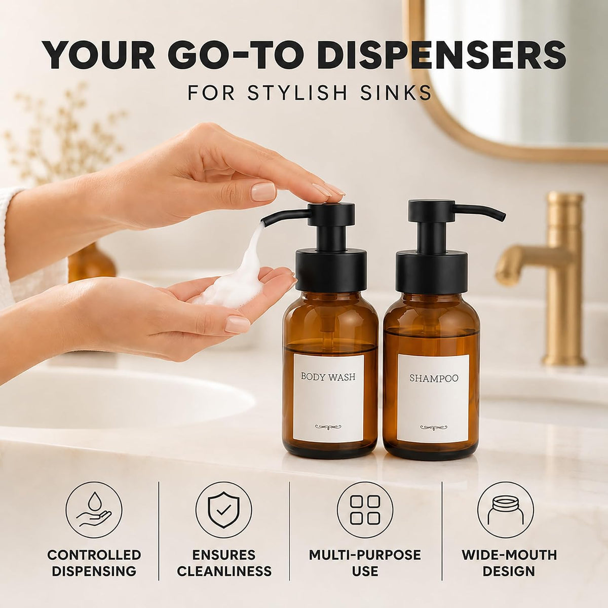 Amber Glass Foaming Soap Dispenser, 2 Pack, 8.5 Oz, Refillable