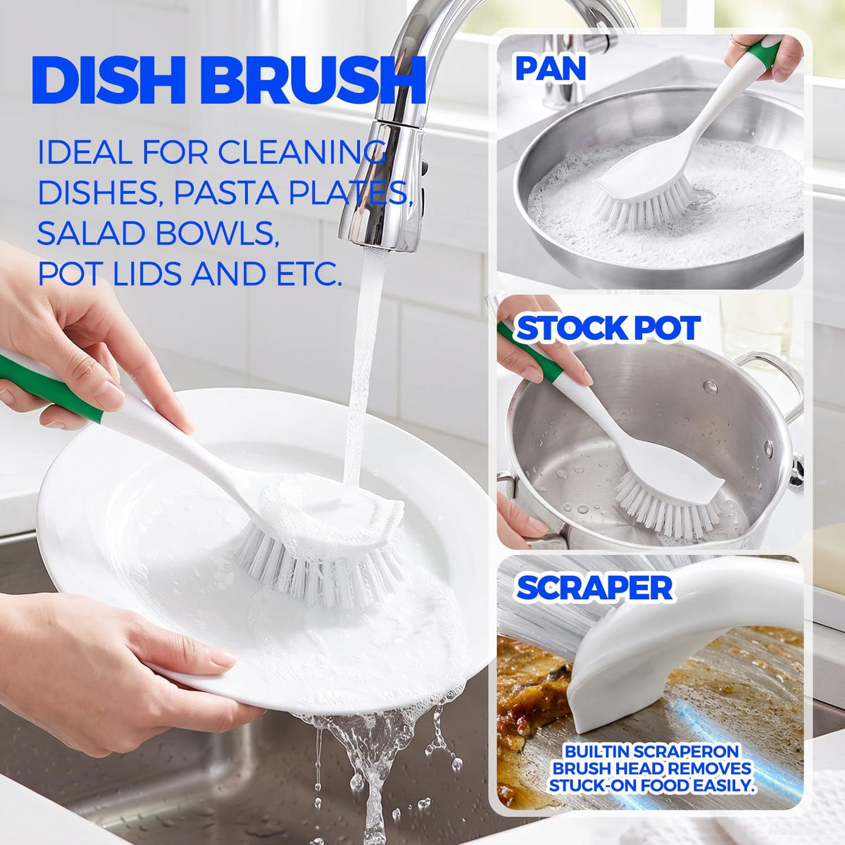 Holikme 6 Pack Dish Brush Set with Handle for Cleaning, Green