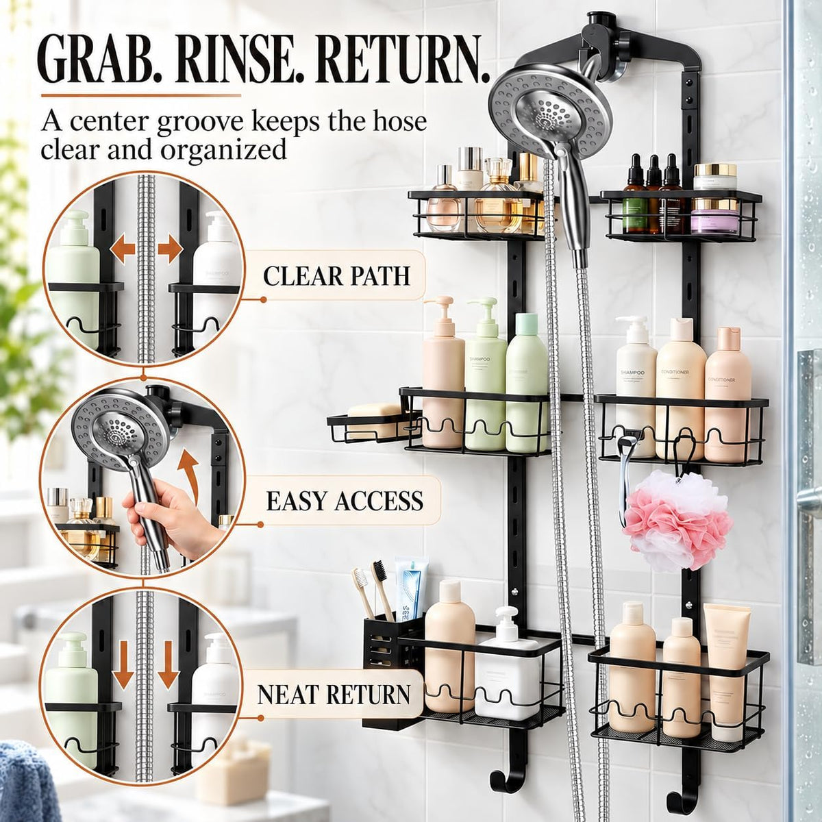 Extra Large Shower Caddy Hanging, Rust-Resistant Shower Organizer Hanging, 3 Tier Height-Adjustable Over the Head Caddy, Rack with Soap Basket (Black)