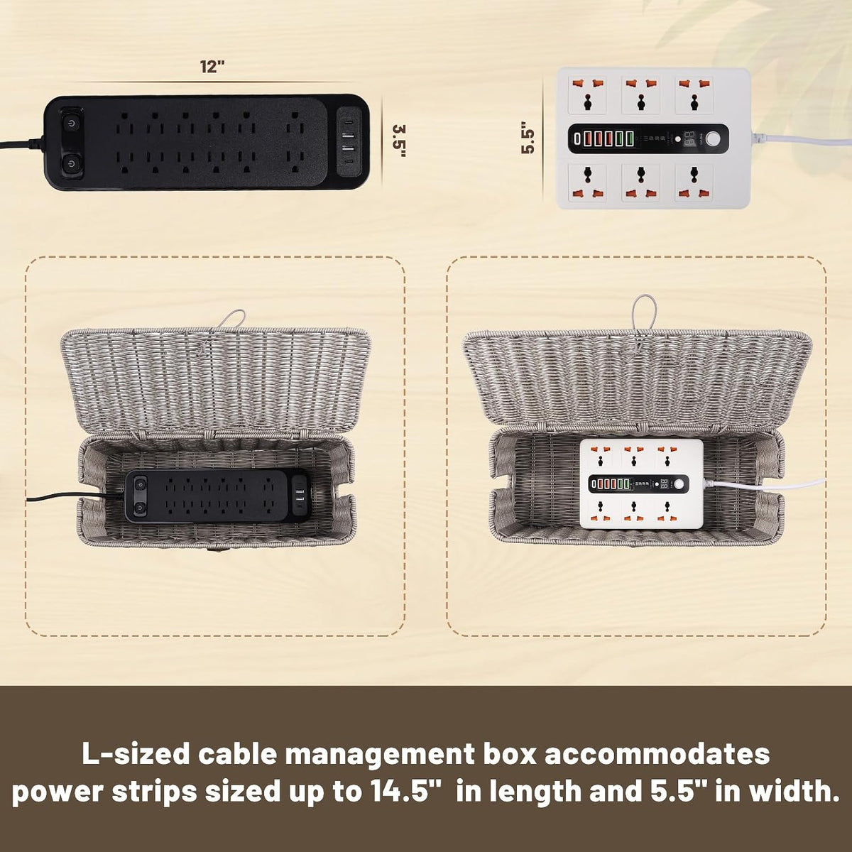 Cable Management Box, Cord Organizer with Lid & Cable Ties - Gray, L
