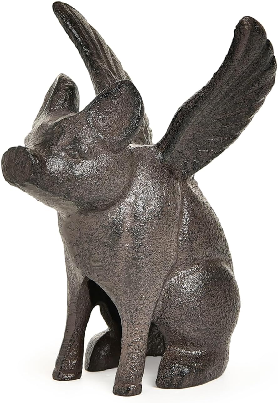 Sungmor Cast Iron Flying Pig Statue, Doorstop - Rustic Brown