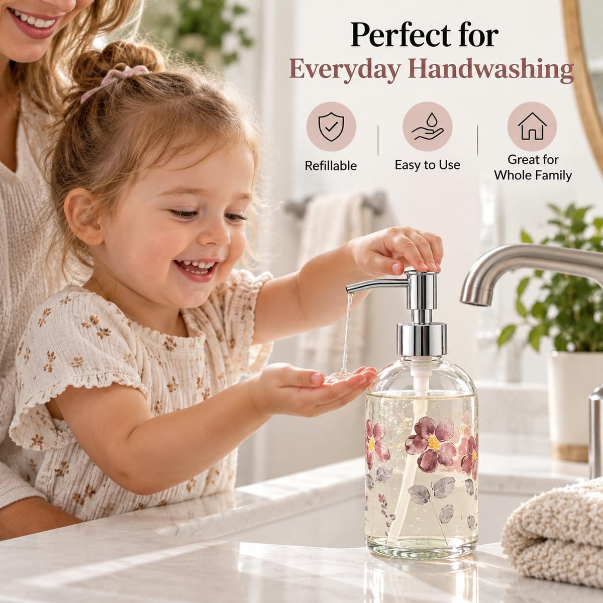 Topadorn 2 Pack 17oz Glass Soap Dispensers, Floral Refillable Pump Bottles