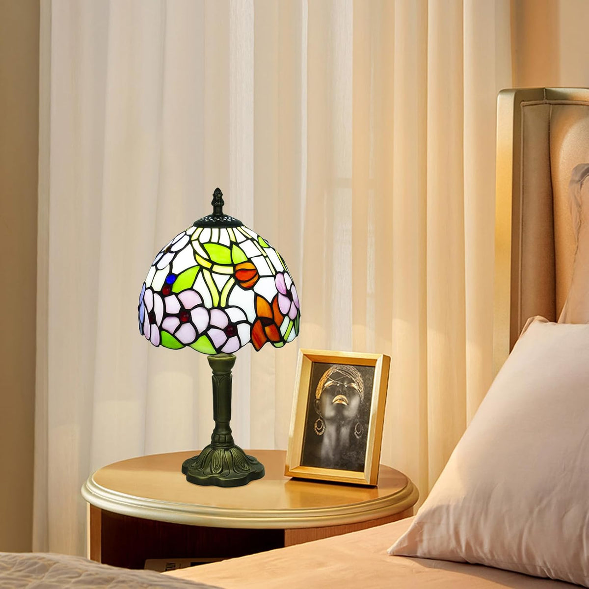 Small Tiffany Style Stained Glass Table Lamp, 8 Inch, Flower Pattern