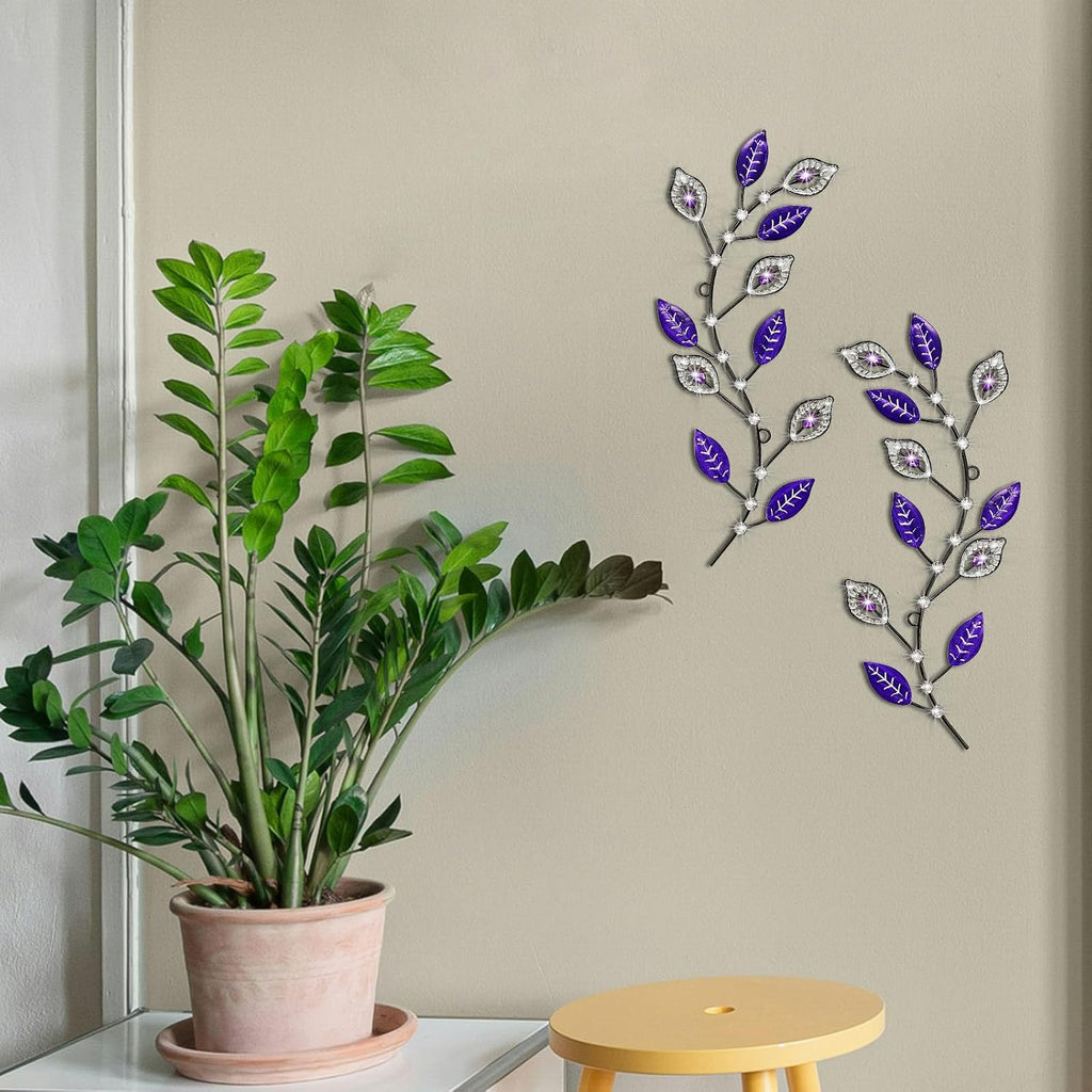 sxnzequnze 2 Set Metal Tree Leaf Wall Art for Home Decor Living Room Bedroom Dining Room Bling Rhinestone, 3D, Iron Branch Hanging Leaf Sculpture Art Pieces -Purple 16.5in*6.7in