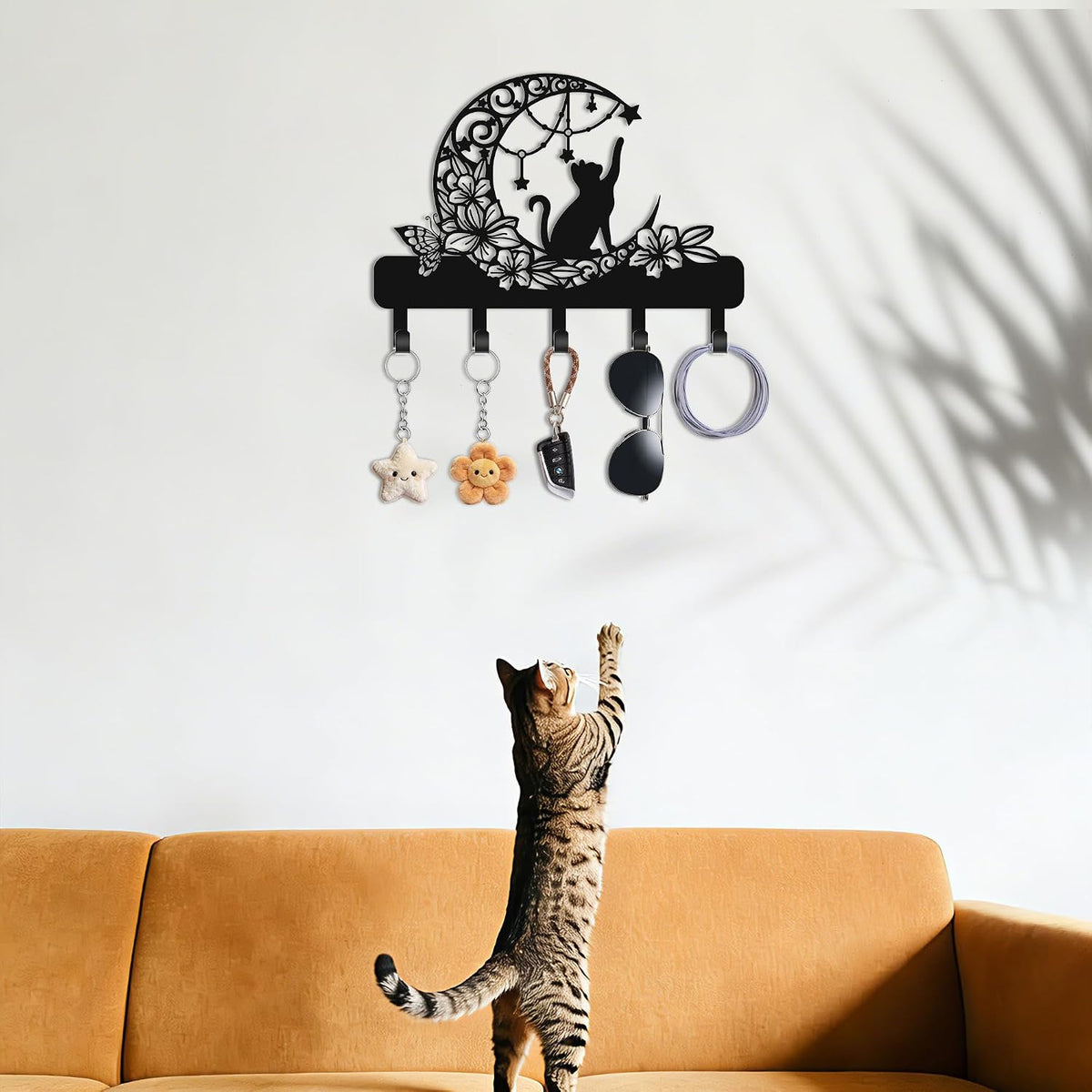 Cat Key Holder for Wall, Cat on Moon Entryway Decorative Key Hooks