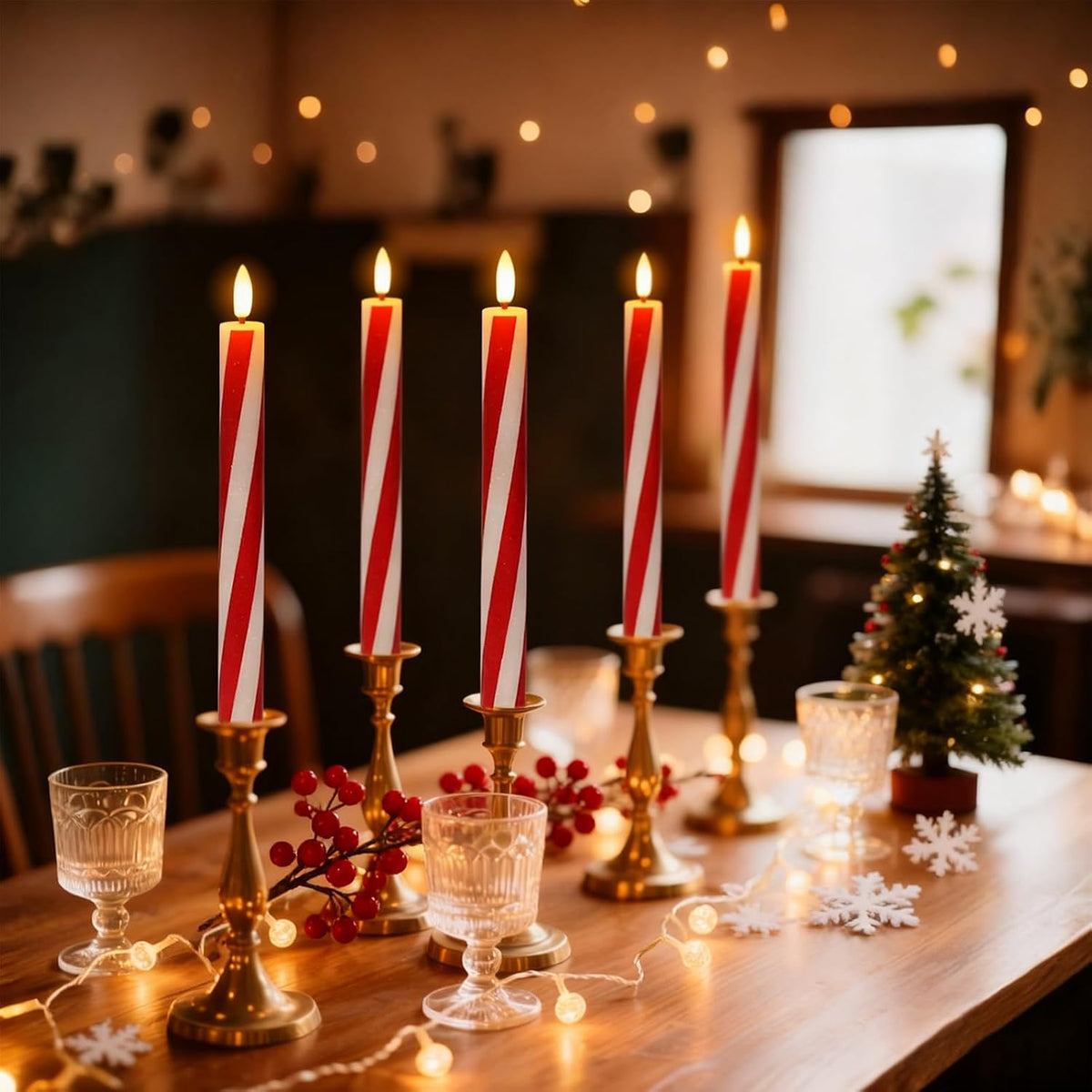 Candy Cane Flameless Taper Candles Battery Operated Remote Timer
