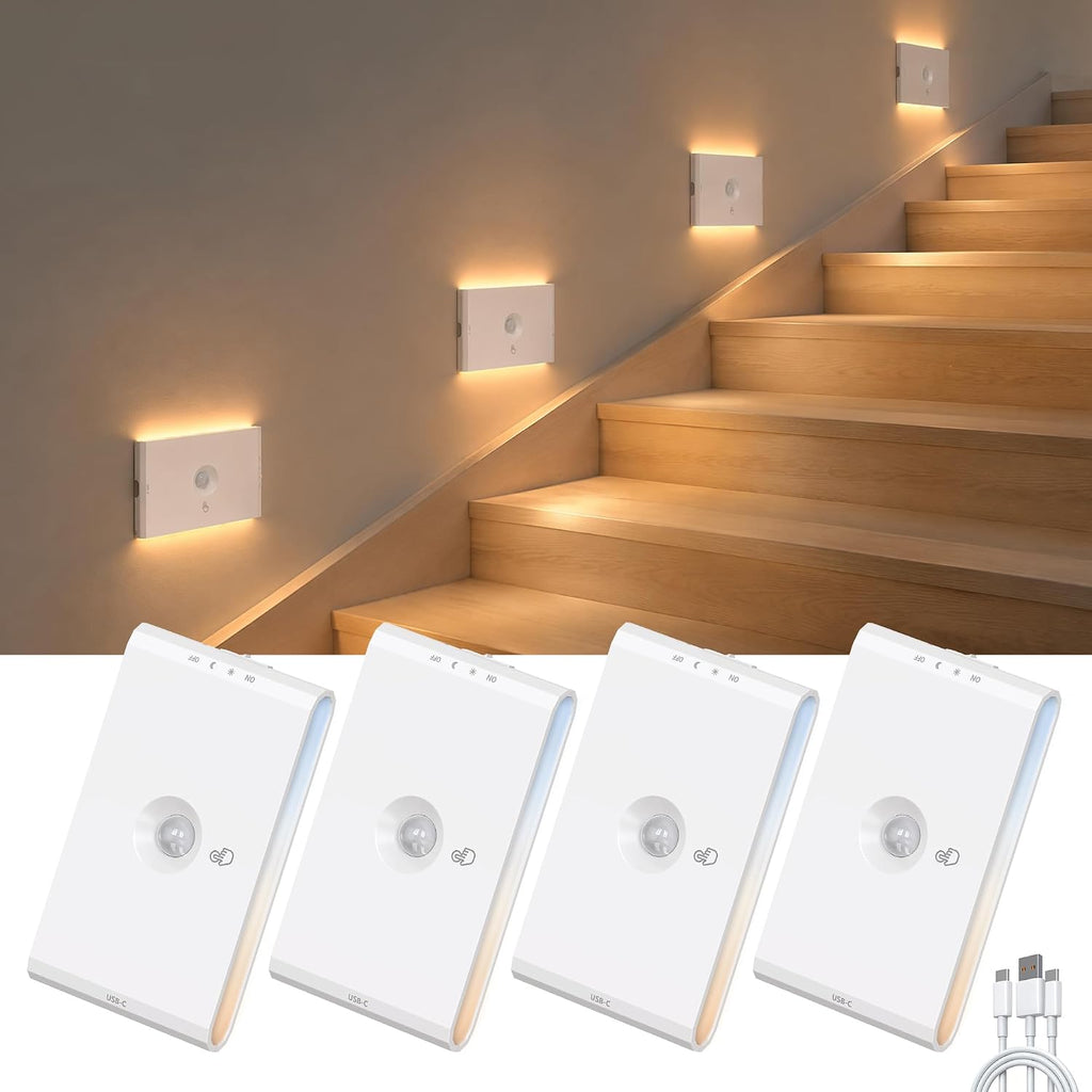 Stair Lights Indoor Motion Sensor, 4 pack Rechargeable Night Light,4 Black