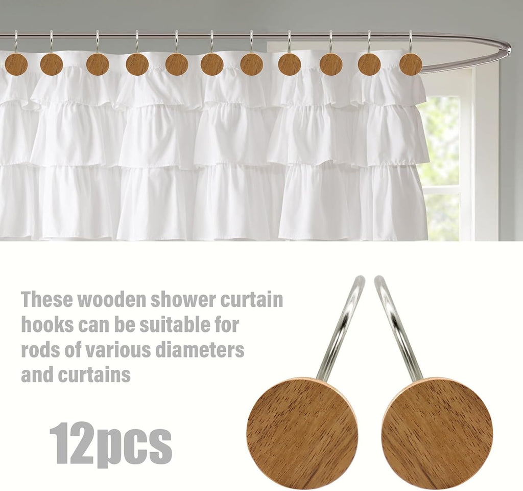 Shower Curtain Hooks, Wood Decorative Shower Curtain Rings, Modern Round Log Shower Curtain Hangers, 12PCS Metal Shower Hooks for Shower Curtain Rod, Bathroom, Bedroom, Living Room (Silvery)