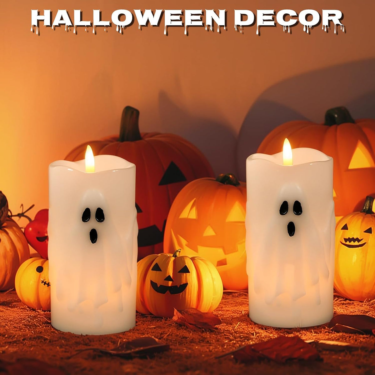 Eldnacele Halloween Ghost Flameless LED Pillar Candles with Remote Timer