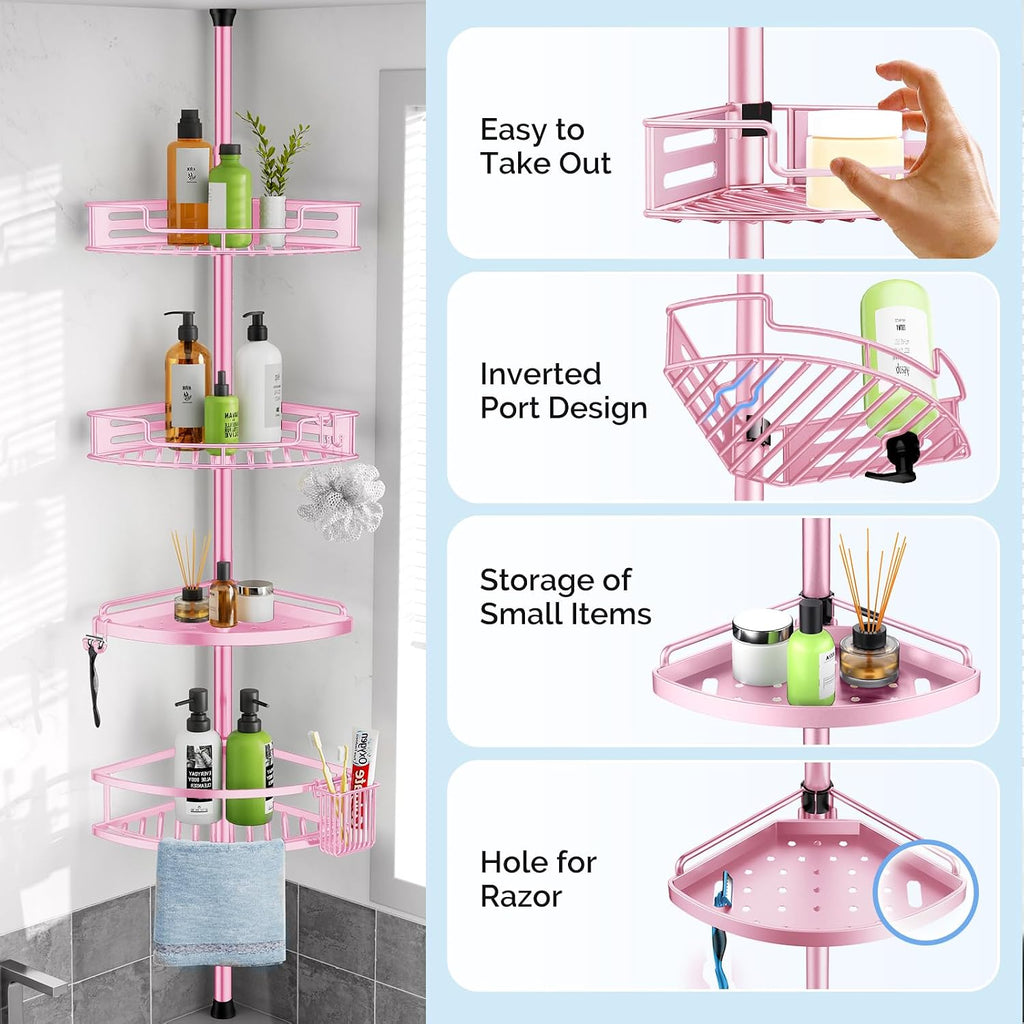 HAMITOR Corner Shower Caddy, 4 Tier Adjustable Bathroom Organizer - Pink