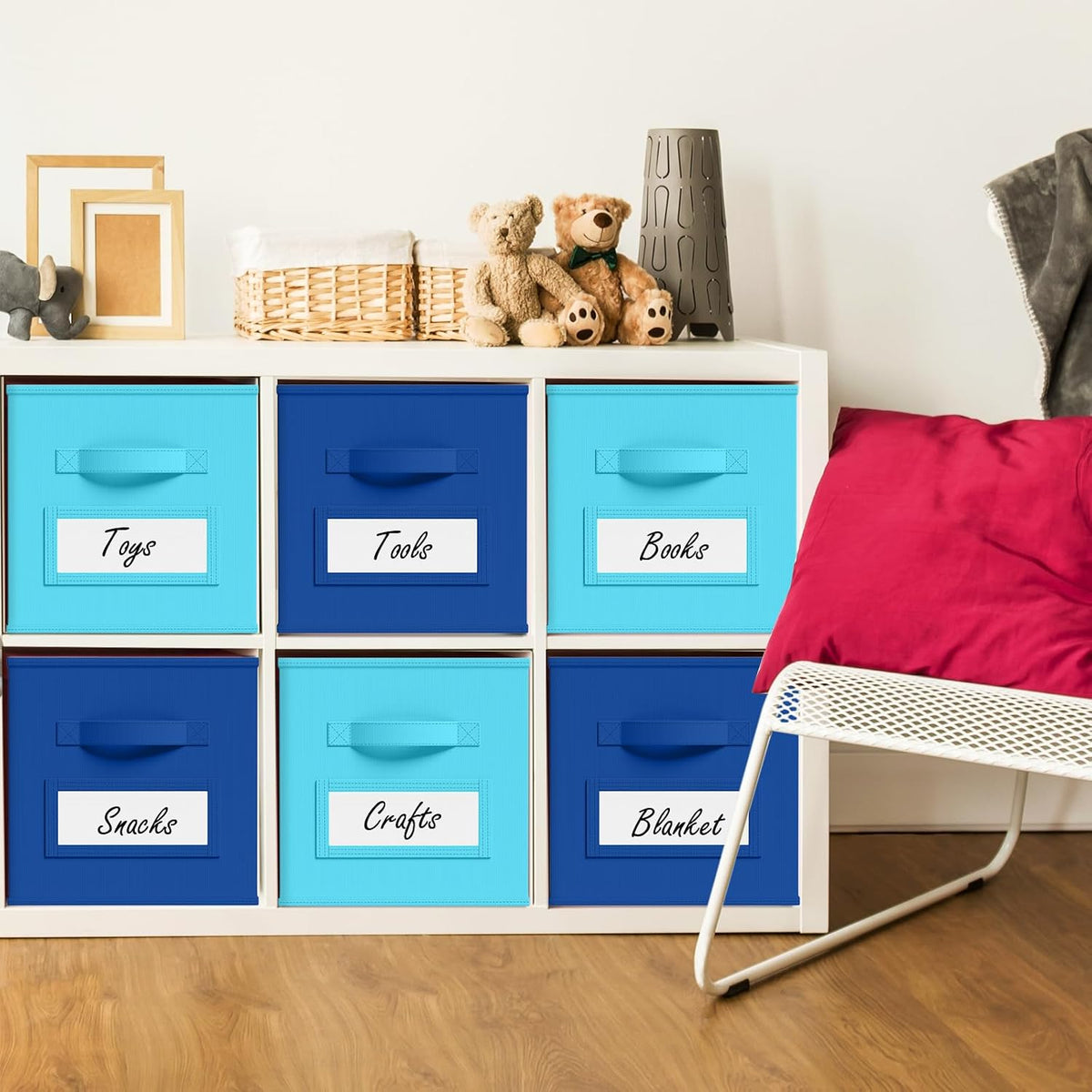 10 Pack Fabric Storage Cubes with Label 11" Collapsible Cube Bins, Blue