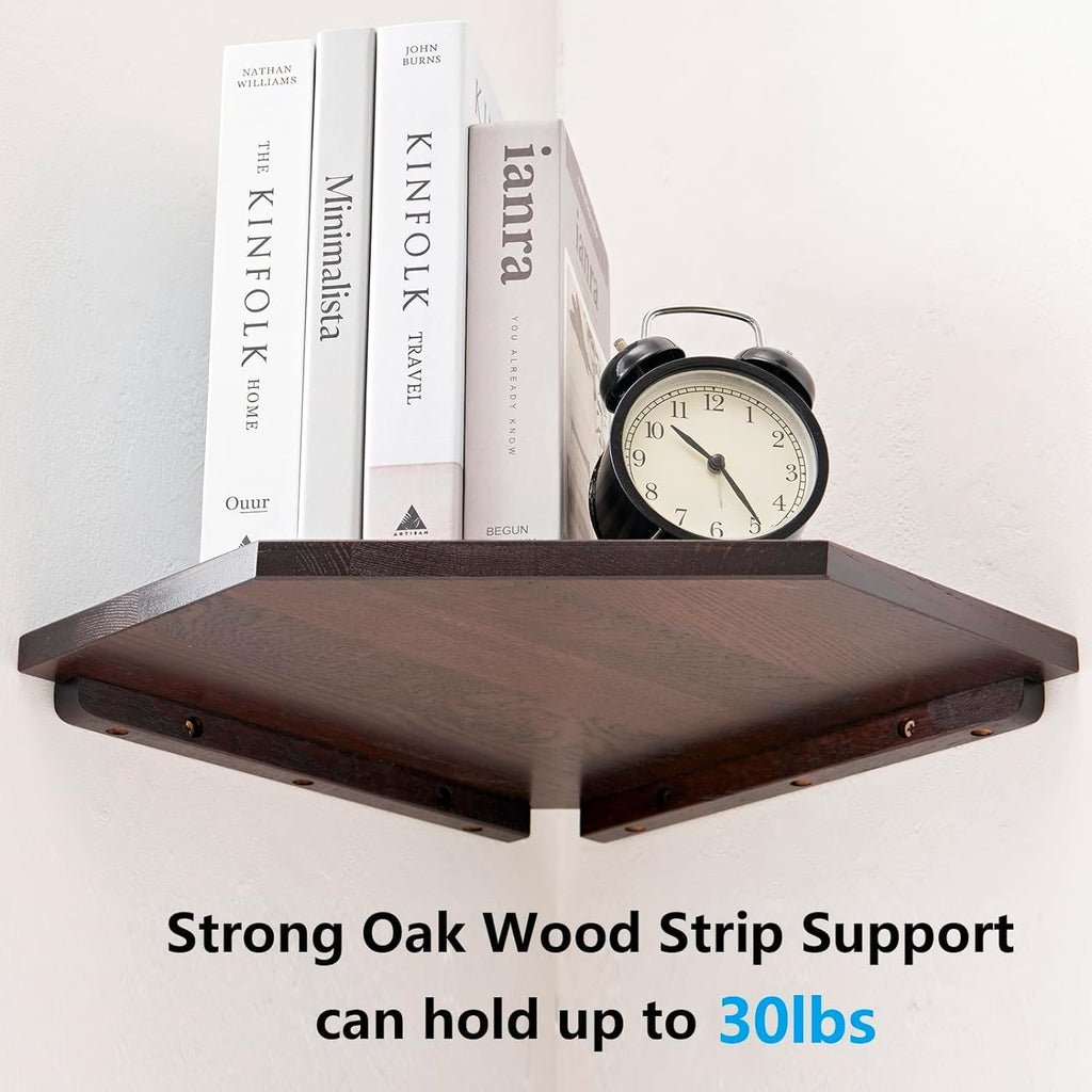 Corner Wall Shelves Set 2 Wire Hole Solid Oak Wood Display Shelf ,Walnut