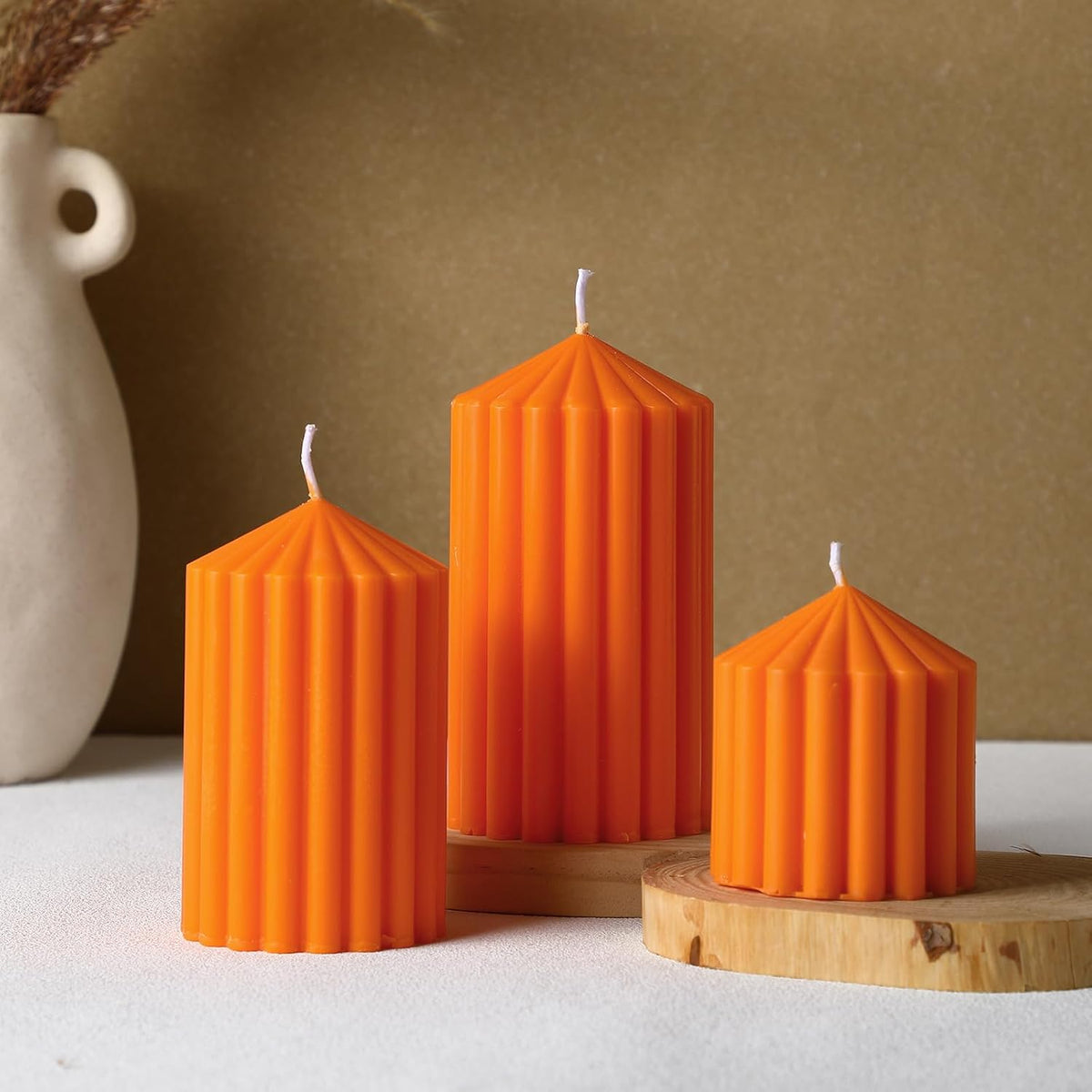 Conelist Set of 3 Fall Orange Ribbed Pillar Candles Soy Wax Scented Candles