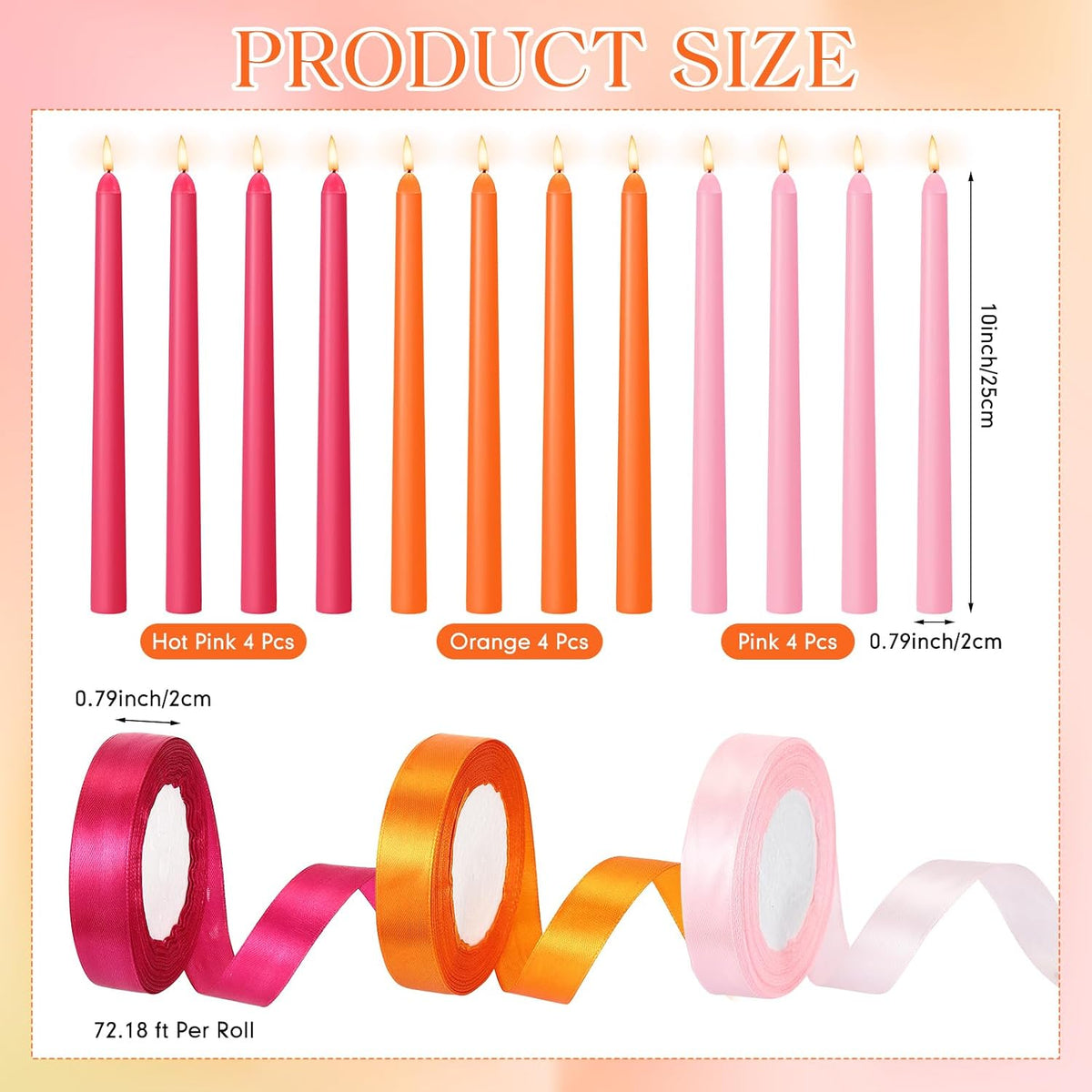 12 Pcs Pink and Orange Party Taper Candles with 3 Roll Ribbon