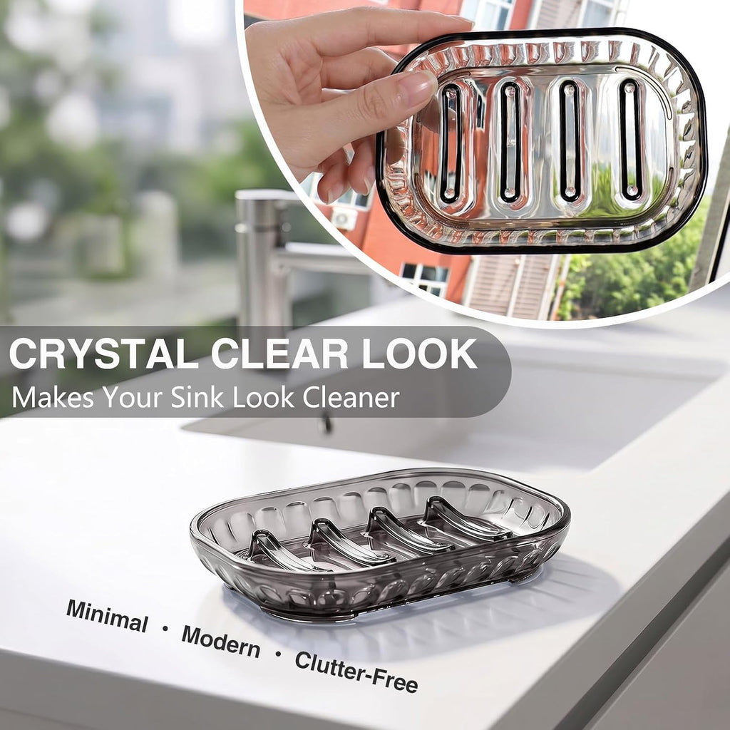 Smoky Gray Clear Soap Dish 3 Pack, Self Draining Bar Soap Holder with Raised Ridges, Modern Transparent Soap Tray for Bathroom Shower, Kitchen Sink, Bathtub, Quick Dry Soap Saver for Shower
