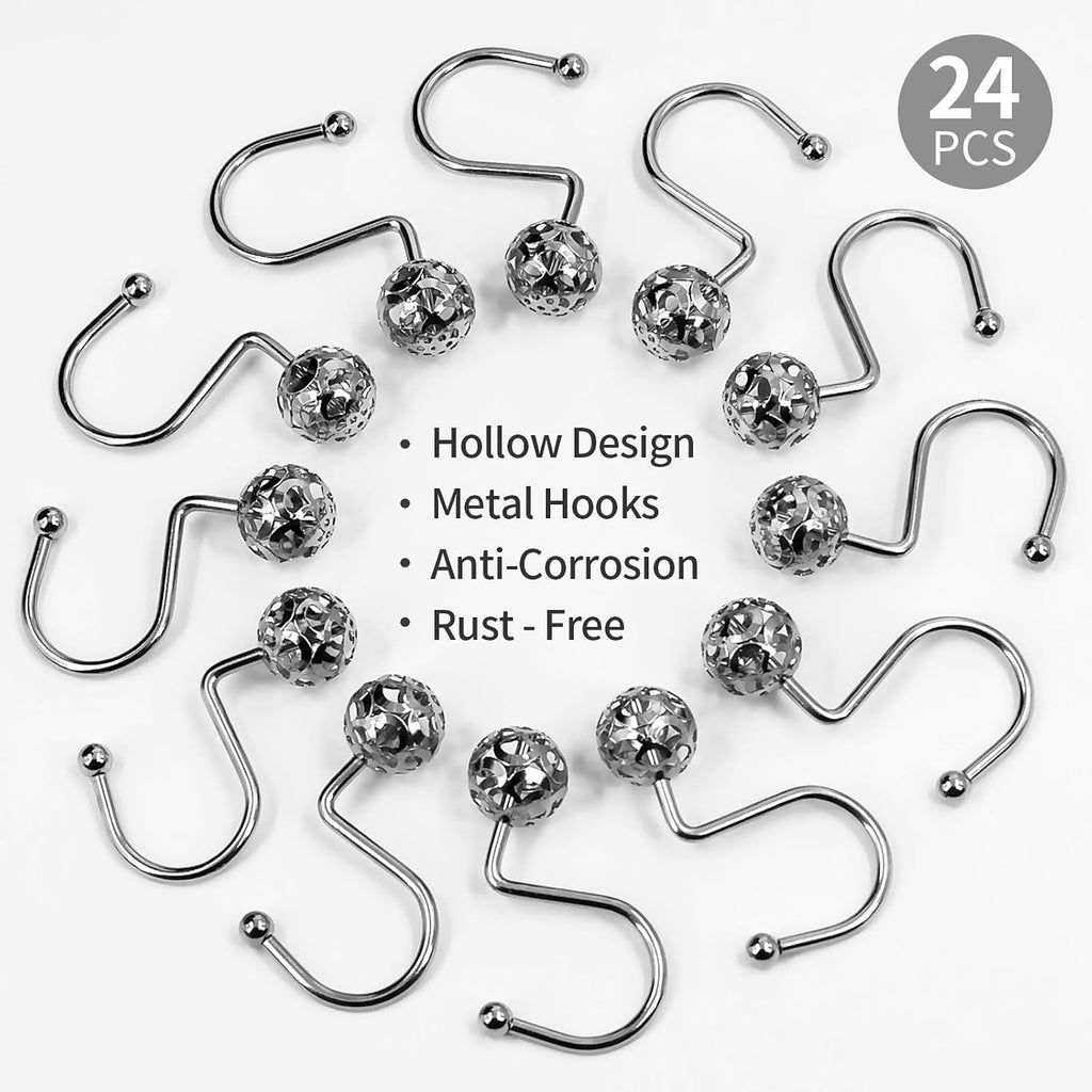 MitoVilla 24 Pcs Set Silver Shower Curtain Hooks, Metal Shower Hooks for Shower Curtain & Liner, Hollow Ball Rust Proof Shower Rings for Curtain Accessories and Bathroom Shower Rod