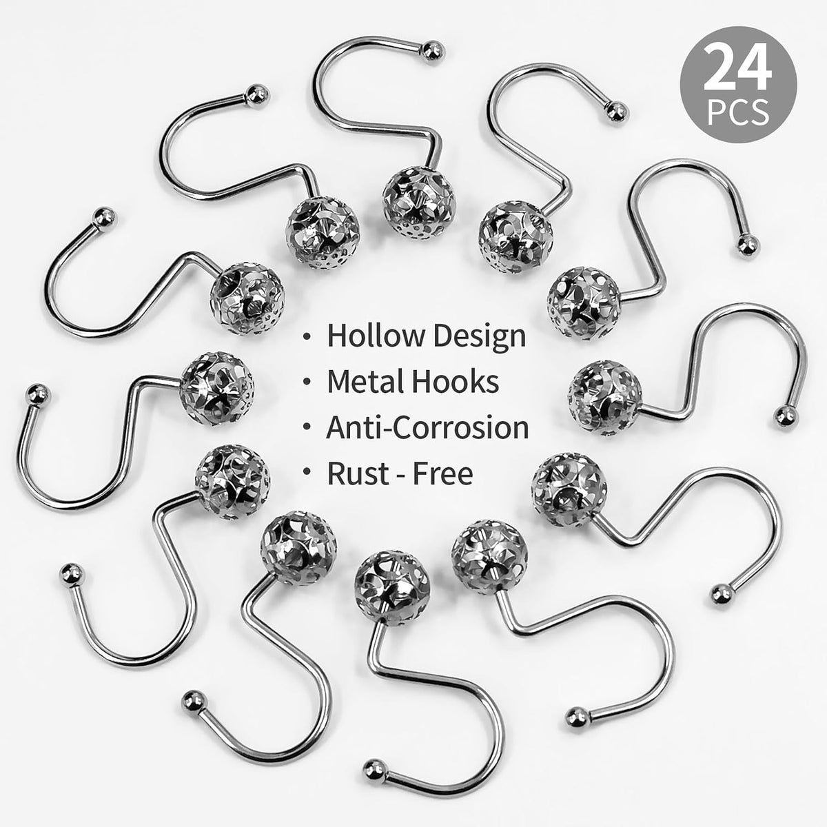 MitoVilla 24 Pcs Set Silver Shower Curtain Hooks, Metal Shower Hooks for Shower Curtain & Liner, Hollow Ball Rust Proof Shower Rings for Curtain Accessories and Bathroom Shower Rod