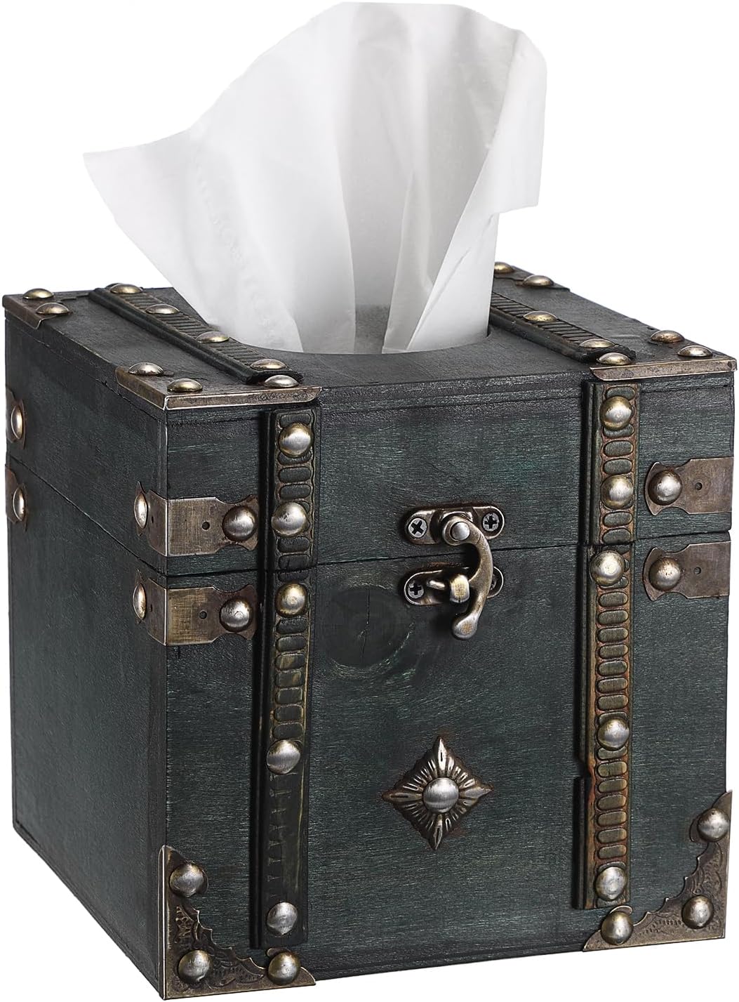 Sumnacon Wood Square Tissue Box Cover Retro Cube Tissue Box Holder,Green