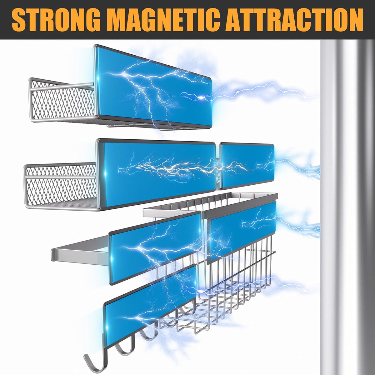 DTUQYX Laundry Organizer with Hanger 6-Pack, Magnetic Shelves for Washing Machine, Magnetic Refrigerator Shelves, Magnet Holder & Baskets, Metal Storage System for Laundry Room, Grey
