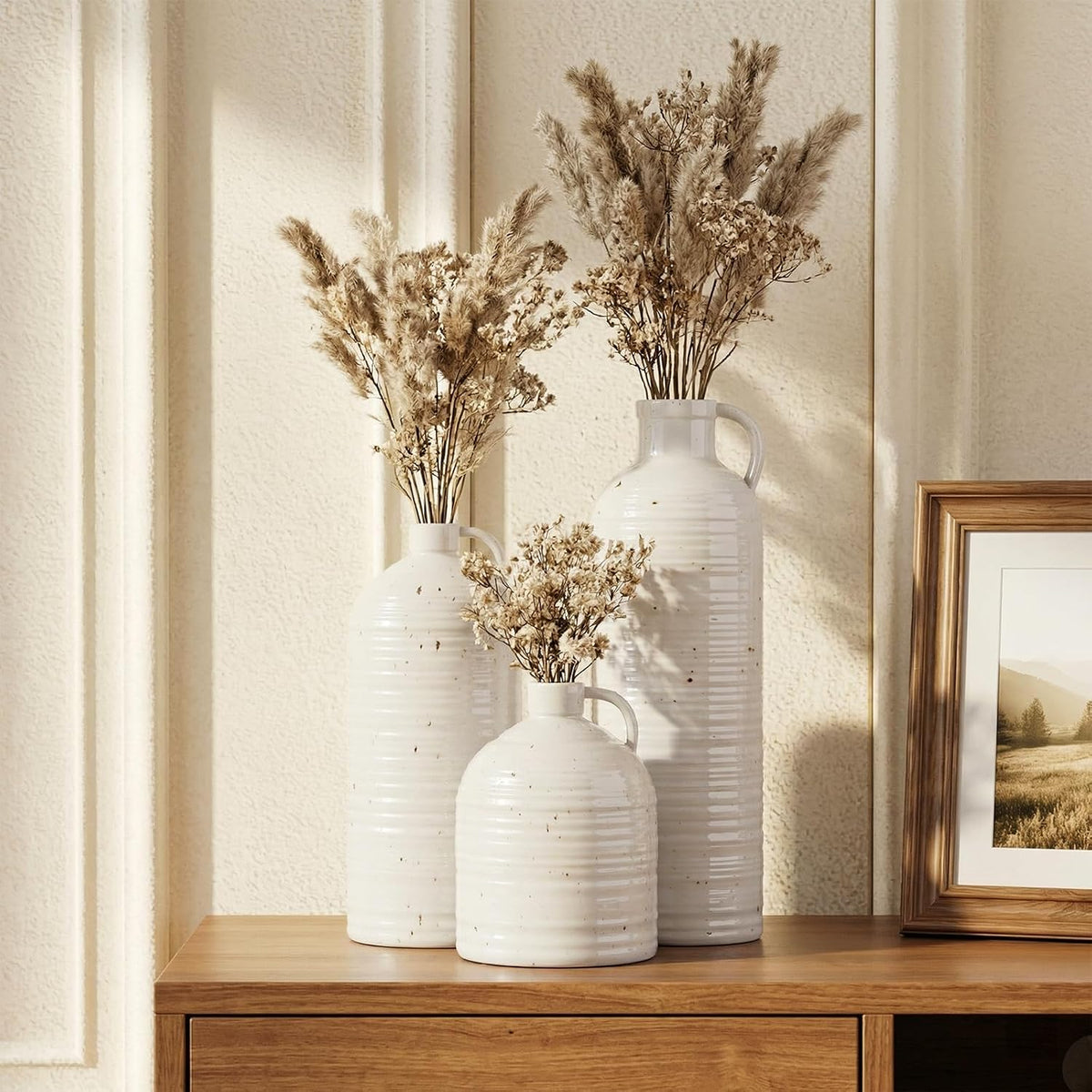 Firehold Ceramic Vase Set of 3 with Handles, Rustic Farmhouse Flower Vases