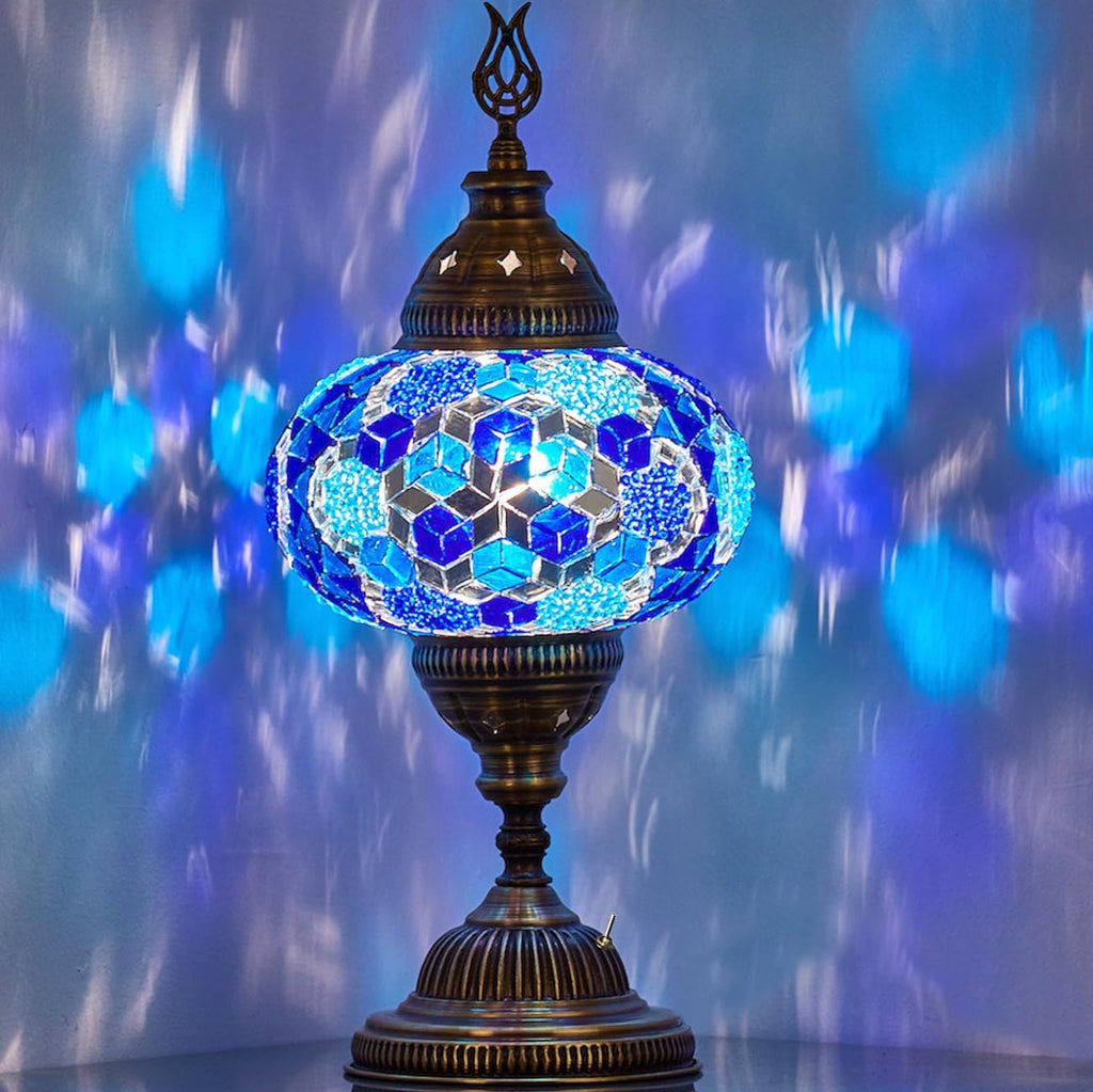 Turkish Moroccan Mosaic Battery-Operated Table Lamp – 12” H, 5” W, Portable Stained Glass Lantern for Indoor & Outdoor Use, Cordless Handmade Decorative Light for Bedroom, Patio & Camping, Blue