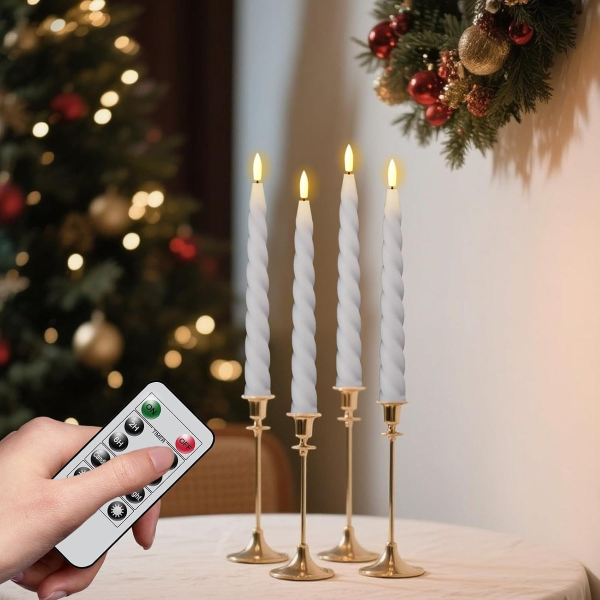 Eldnacele White Flameless Taper Candles Battery Operated with Remote Timer