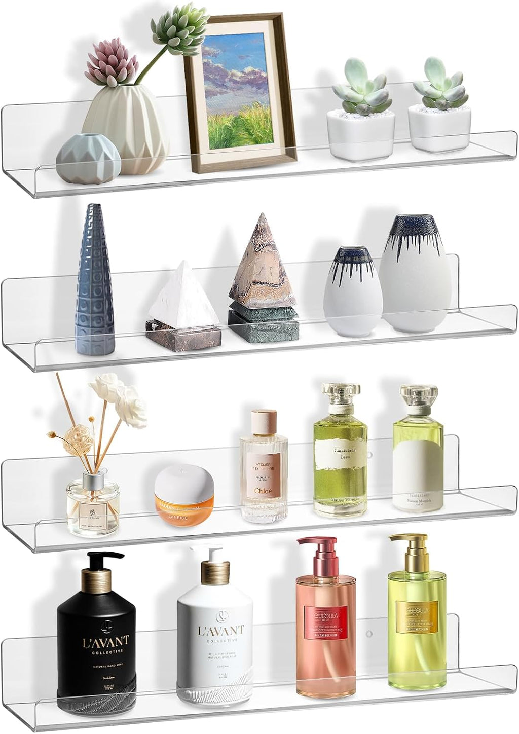 AMEITECH 4 Pack Floating Shelves for Wall, 15" Acrylic Shelves for Room Decor, Book Shelf for Kids, Clear Hanging Display Shelf Organizer for Kitchen, Bedroom, Bathroon Organizers and Storage