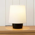 Brightech Dan LED Desk and Table Lamp - Modern Mushroom Style Ceramic Lamp for Bedroom, Bedside, Desk, Office - Cozy Corner Nightstand Light with Small Lamp Shade - Tiny Lamp with Black Ceramic Base