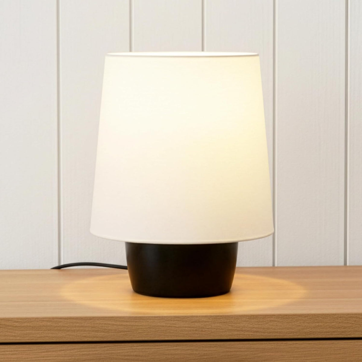 Brightech Dan LED Desk and Table Lamp - Modern Mushroom Style Ceramic Lamp for Bedroom, Bedside, Desk, Office - Cozy Corner Nightstand Light with Small Lamp Shade - Tiny Lamp with Black Ceramic Base