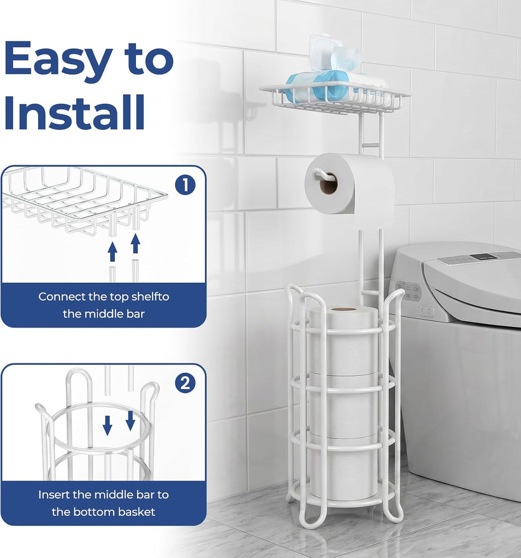 [Upgrade] Toilet Paper Holder Stand Nautical Bathroom Tissue Holders Free Standing with Top Shelf Storage Mega Rolls/Phone/Wipe-Ivory White