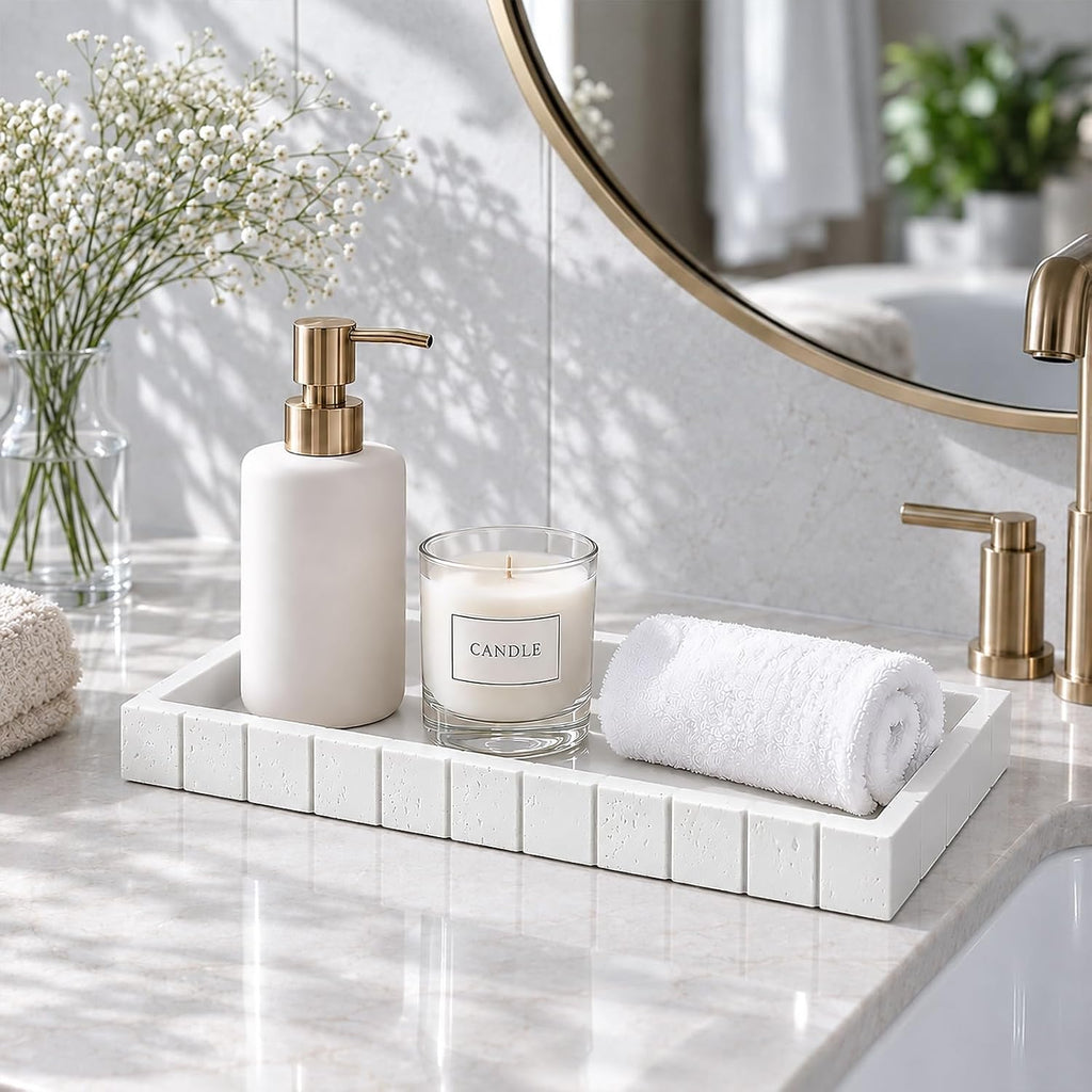 Decorative Bathroom Tray for Counter Stone Perfume Tray for Vanity, White