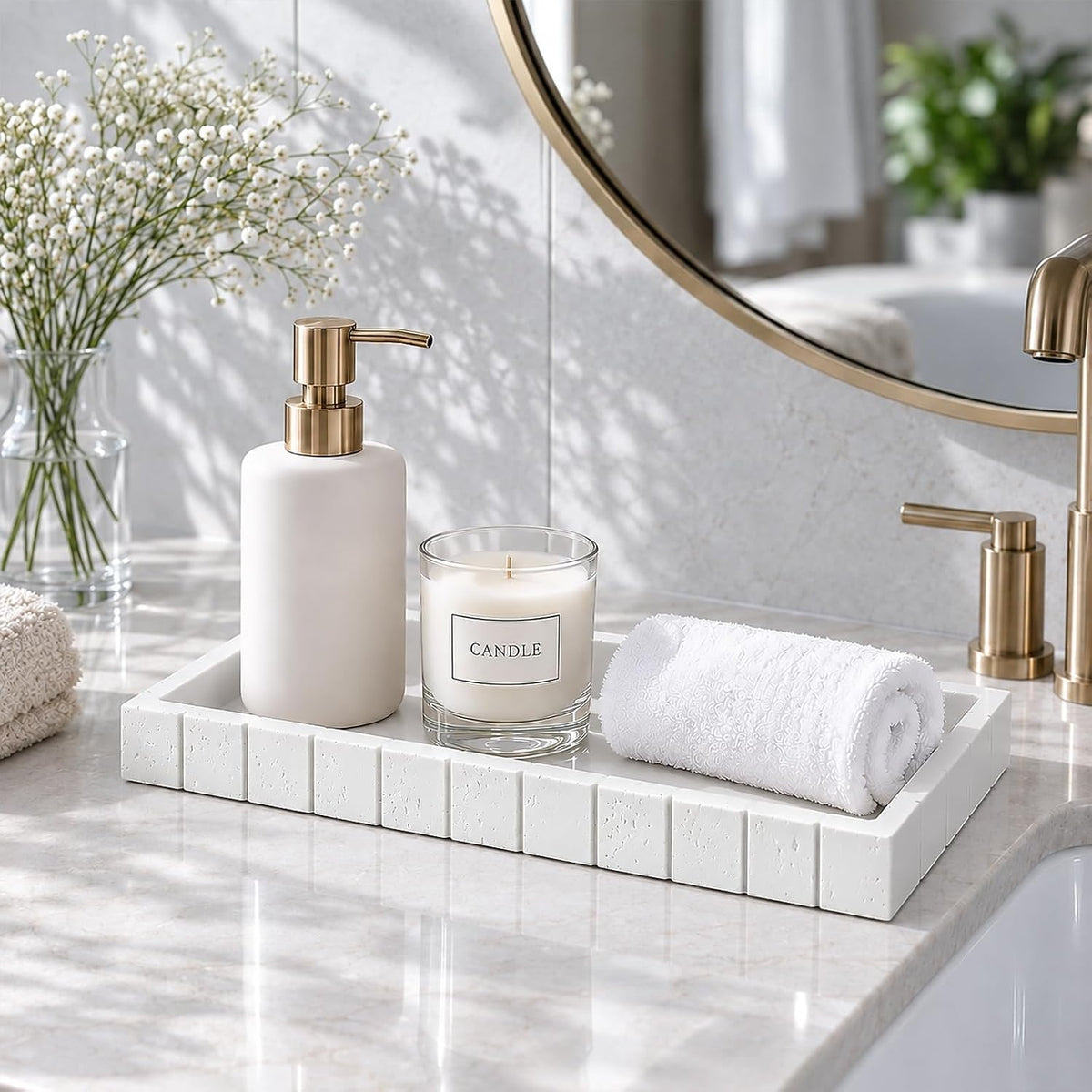 Decorative Bathroom Tray for Counter Stone Perfume Tray for Vanity, White