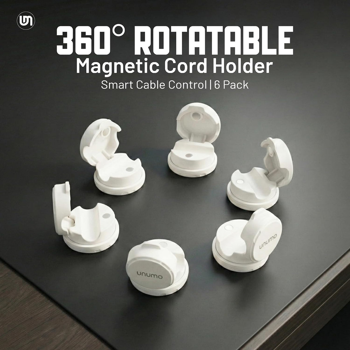 6 Pack Magnetic Cable Clips, Cord Holder, Under Desk Cable Management, UNUMO Adhesive Wire Holder Keeper Organizer for Home Office Desk Phone Car Wall Desktop Nightstand (White)