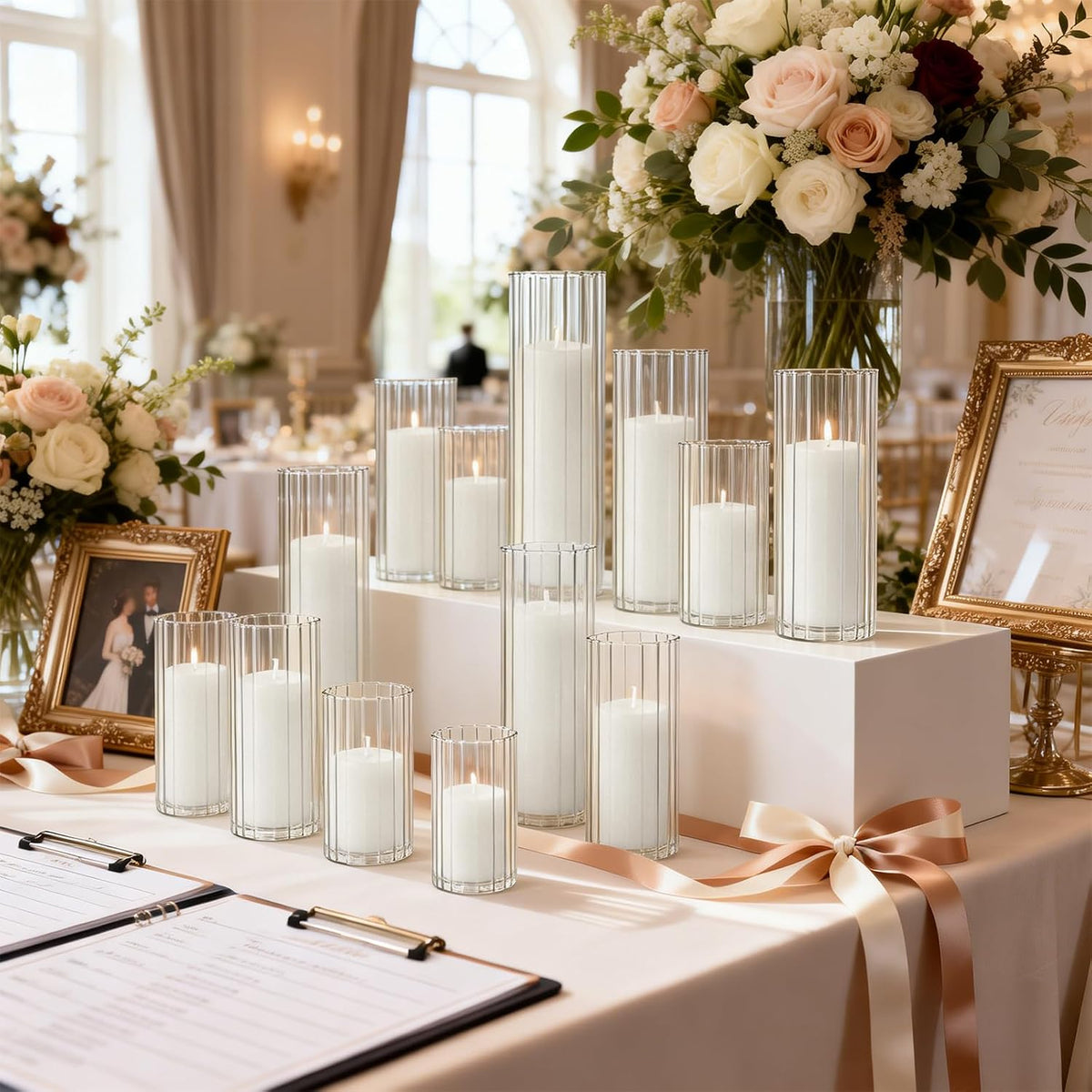 12 Pack White Pillar Candles + 12 Pack Vertical Ribbed Clear Glass Cylinder Holders, Hurricane Candle Shades for Wedding, Home, Party Table Centerpieces Decor