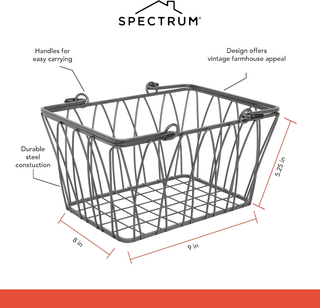 Spectrum Small Wire Basket with Handles Industrial Gray Farmhouse Basket Organizer for Kitchen Bathroom Laundry Pantry Shelf Organization, Twist Wire Metal Basket with Handle for Gifts or Storage