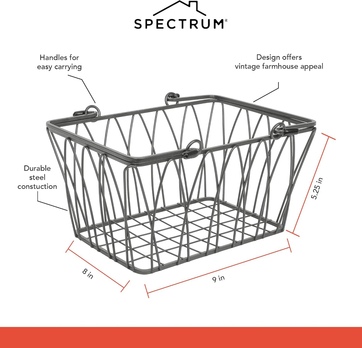 Spectrum Small Wire Basket with Handles Industrial Gray Farmhouse Basket Organizer for Kitchen Bathroom Laundry Pantry Shelf Organization, Twist Wire Metal Basket with Handle for Gifts or Storage