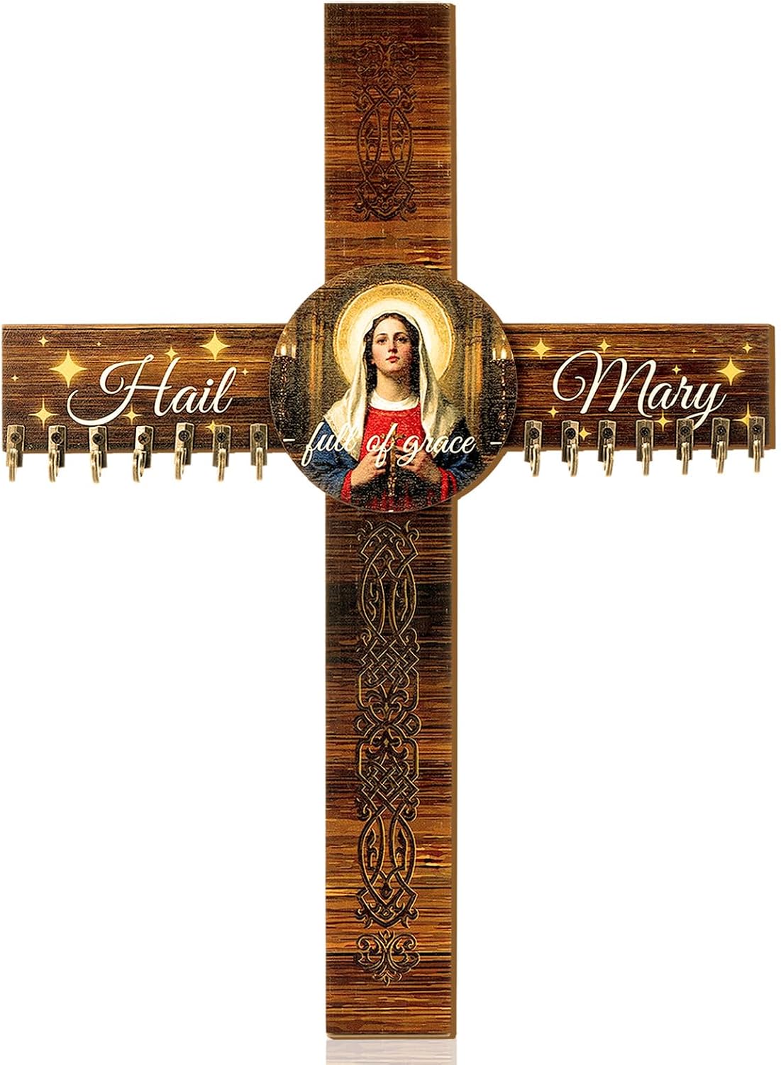 Yaomiao 16 x 12 Wooden Rosary Holder Cross Wall Mounted with 14 Hangers