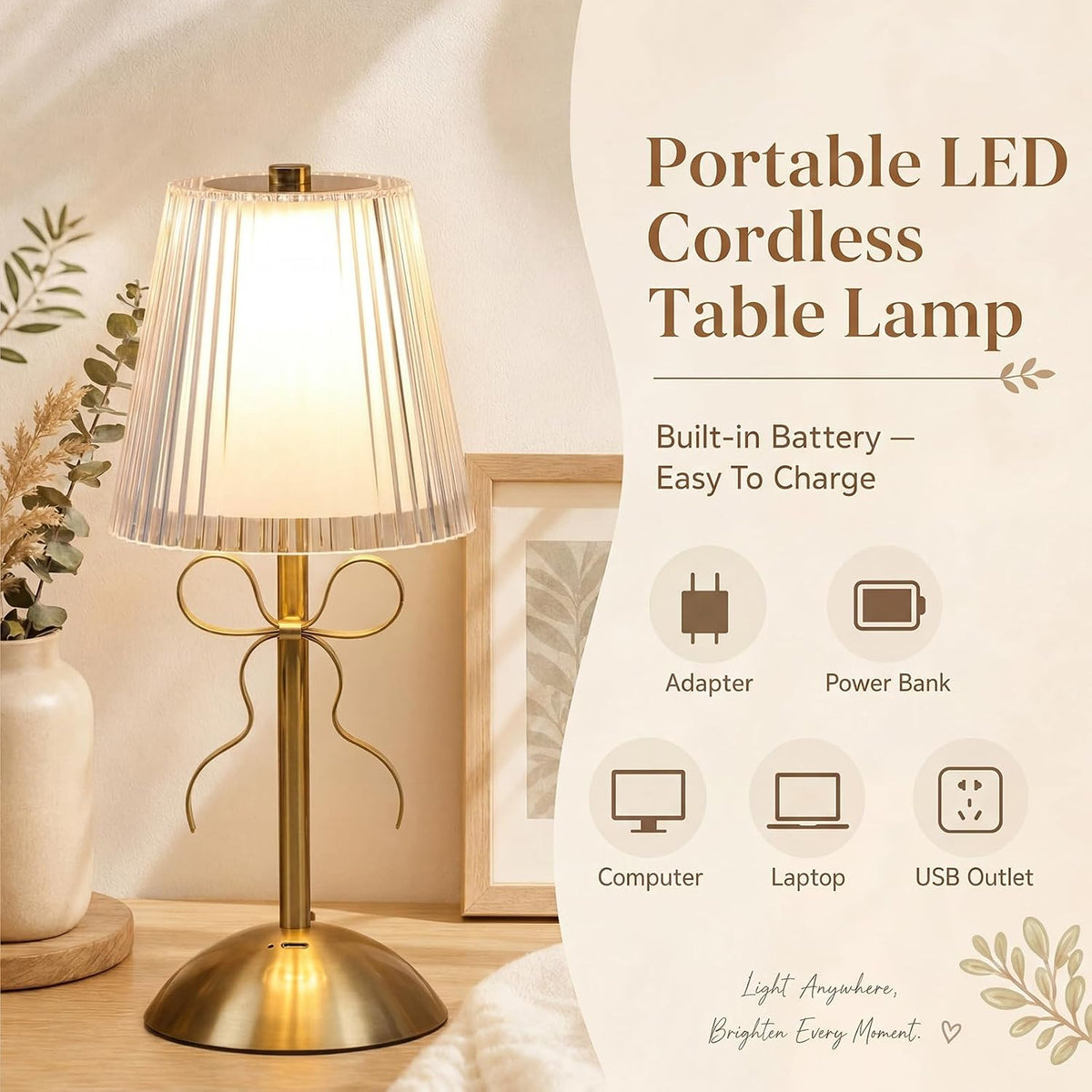 Liliful 2 Pcs Cordless Table Lamp LED Touch, Gold, Hollow Lined Style Bow