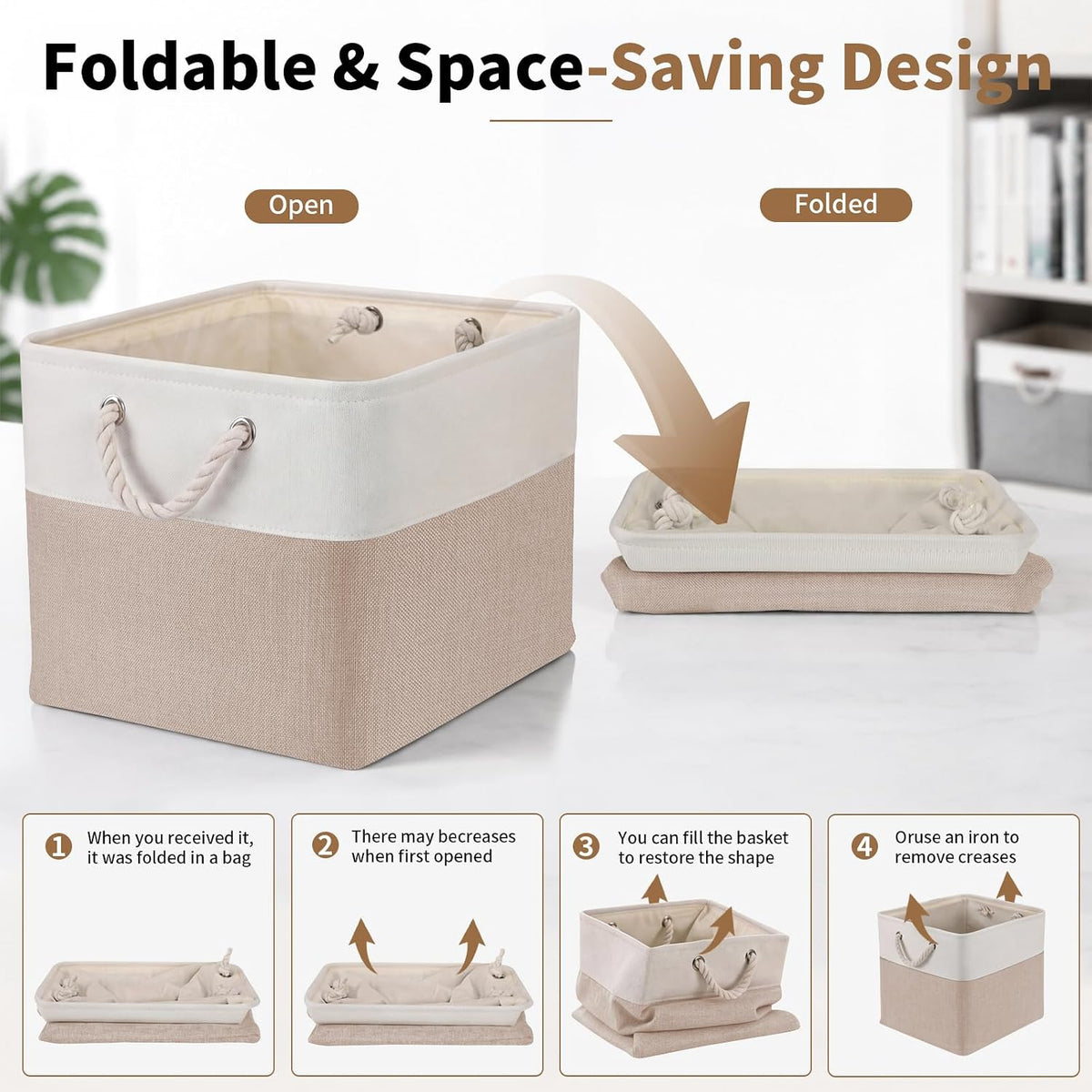 13×15×13 Inch 6 Pack Foldable Fabric Storage Basket with Handles,Extra Large Storage Basket,Decorative Storage Basket for Organizing Clothes, Toys, Books(White&Beige)