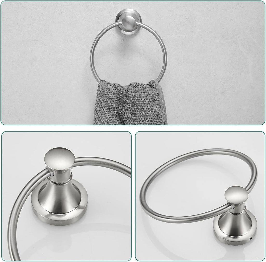 Hoimpro Brushed Nickel 4-Piece Bathroom Bath Set, Wall Mount Bathroom Hardware Fixture (Adjustable Towel Bar Rack, Towel Ring Holder, Paper Towel Holder, Double Towel Hook), Bathroom Accessories