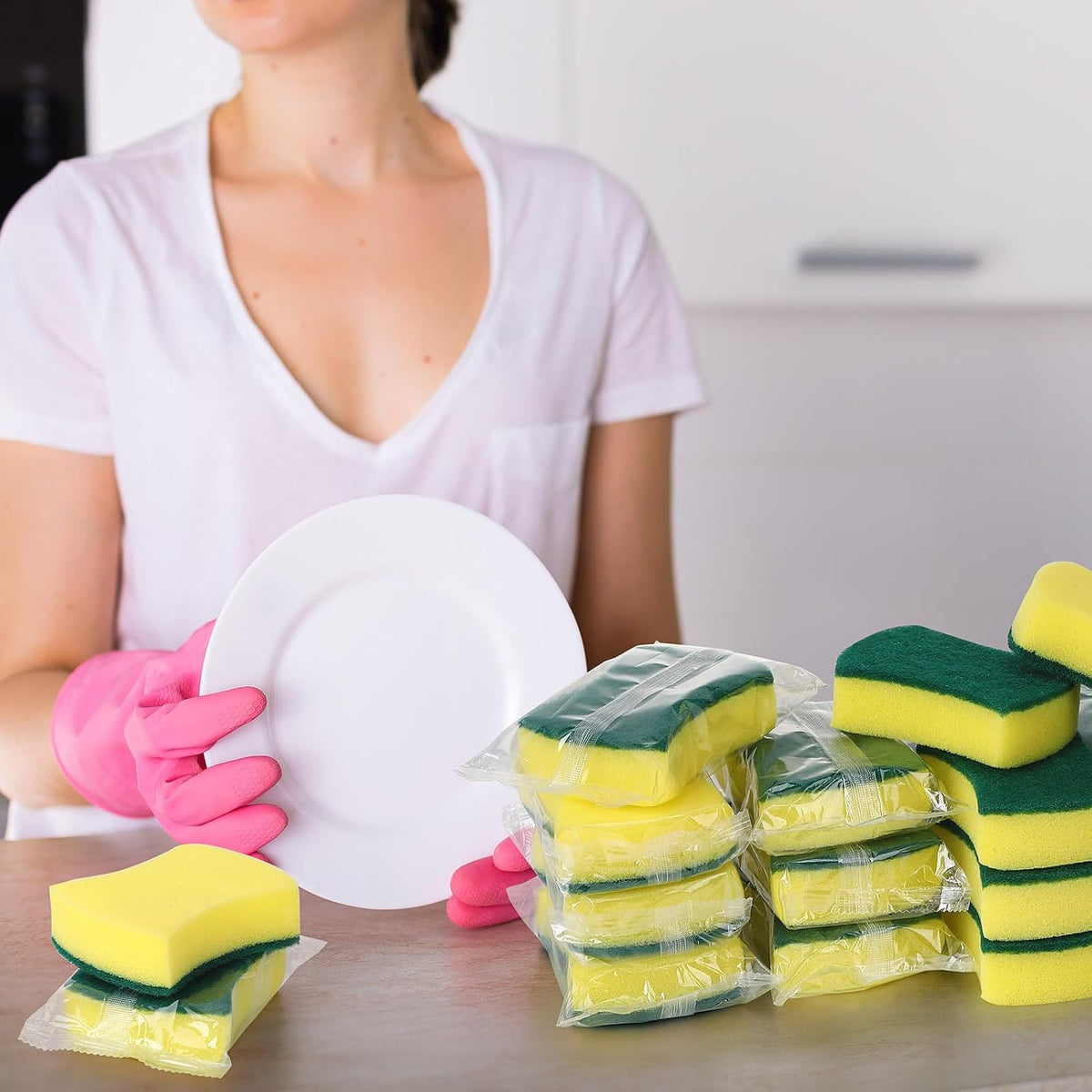 100 Pcs Individually Wrapped Sponges,Uncompressed Non Scratch Bulk Green