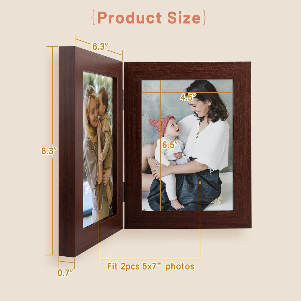 Golden State Art 5x7 Double Picture Frame, Hinged 2-Photo Frame,Brown 1Pack