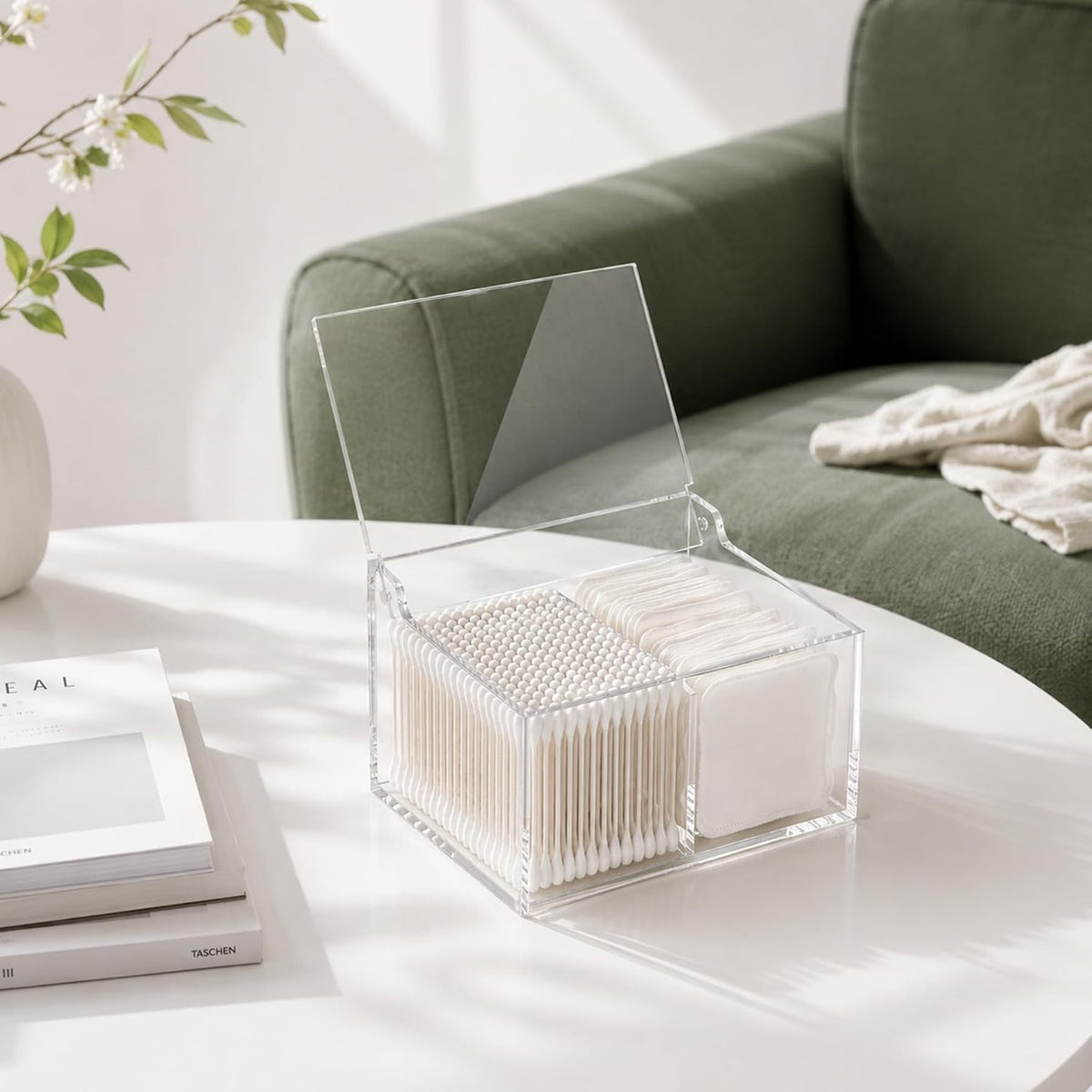 Clear Acrylic Qtip Holder Cotton Swab Ball Holder Qtip Organizer for Clean Skin Club Clean² Pads Cotton Pad and Swab Dispenser 2-Compartment with Flip-Top Lid, Bathroom Organizer