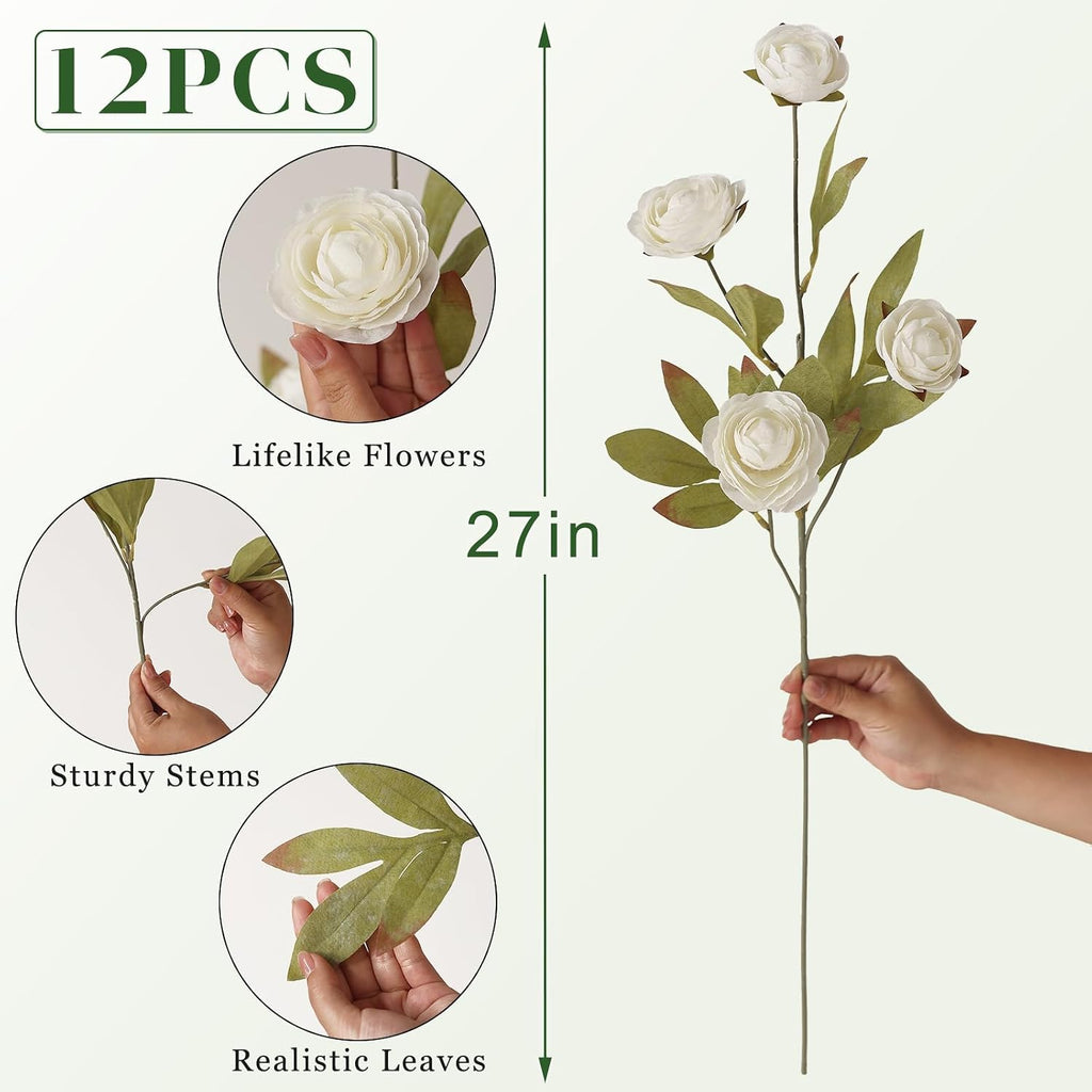 12 PCS 27" Artificial Ranunculus Flowers Stems for Vase Decor (Cream)