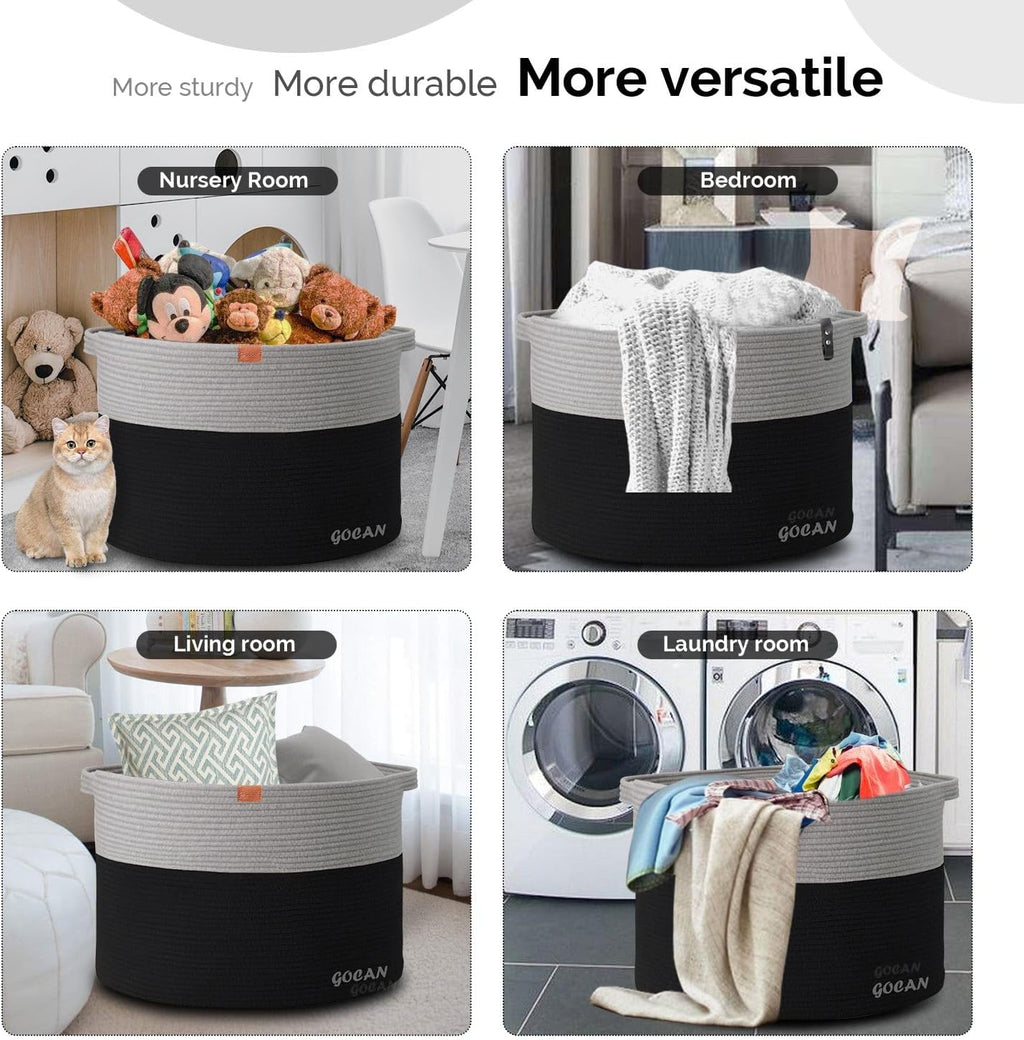 Cotton Rope Woven Laundry Basket 22"X 22"X 14" with handles(Black-Grey)XXXL