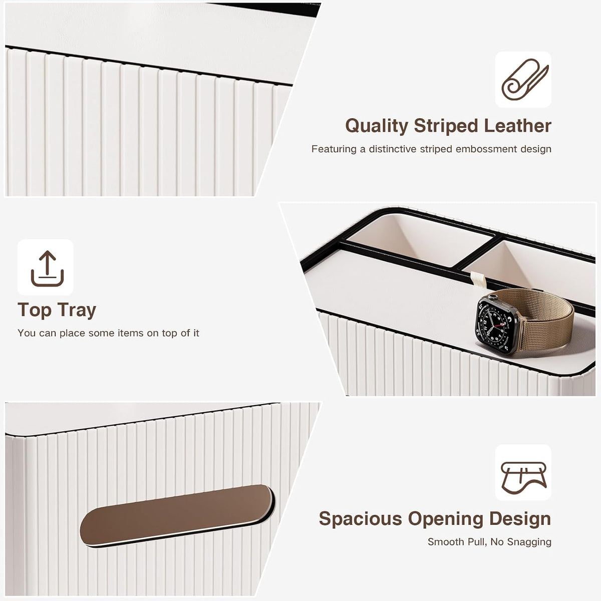 KINGFOM Leather Tissue Box Cover with Storage Tray, Decorative Tissue Box Holder Organizer for Office Desk, Bedroom & Nightstand, Remote Control Holder for Perfume, Watch, Glasses, Pens (Ivory White)
