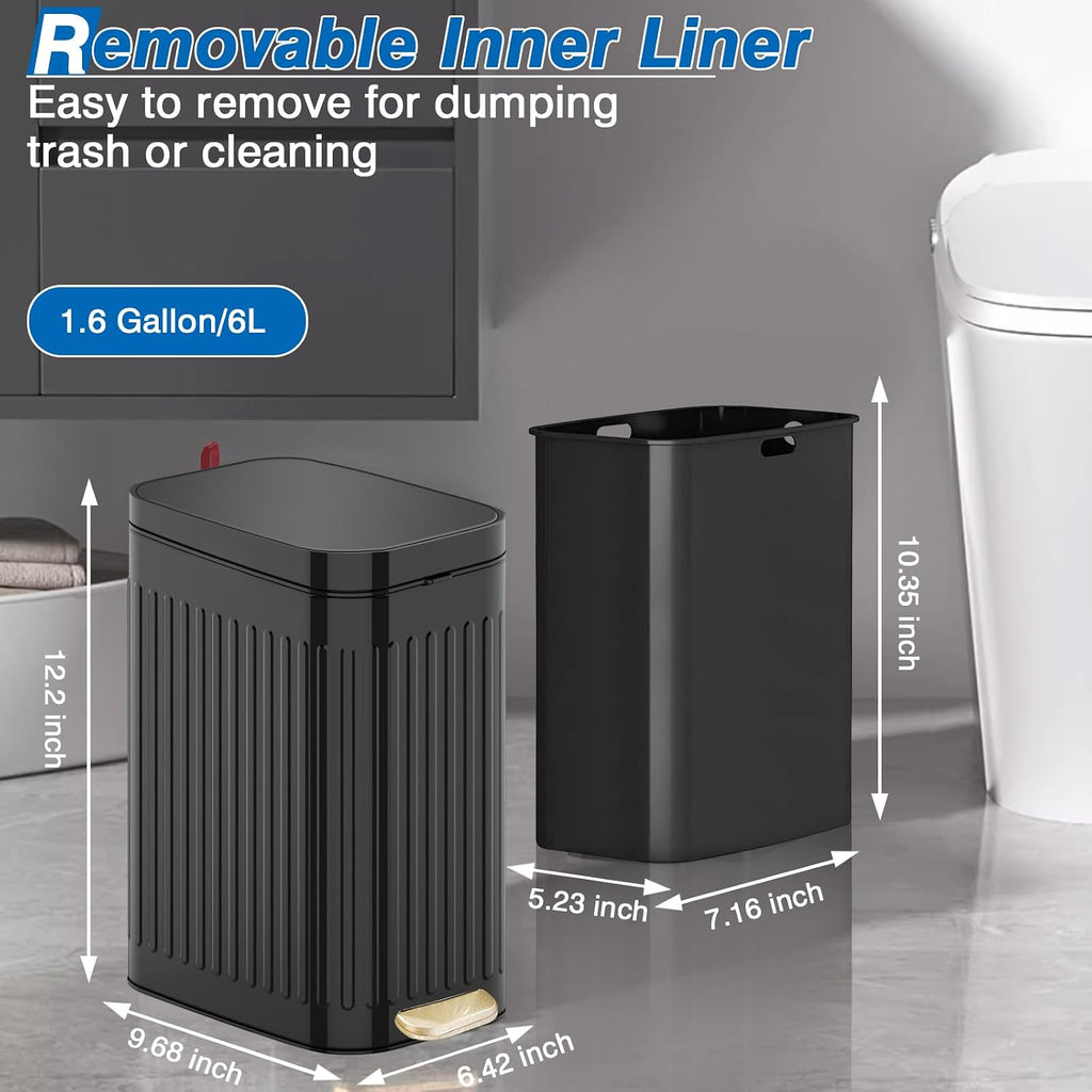 Small Bathroom Trash Can with Air Freshener Soft Close Lid, 6 Liter/ 1.6 Gallon Stainless Steel Garbage Can with Removable Inner Bucket, Step Pedal, Slim Wastebasket for Bedroom, Toilet, Office,Black